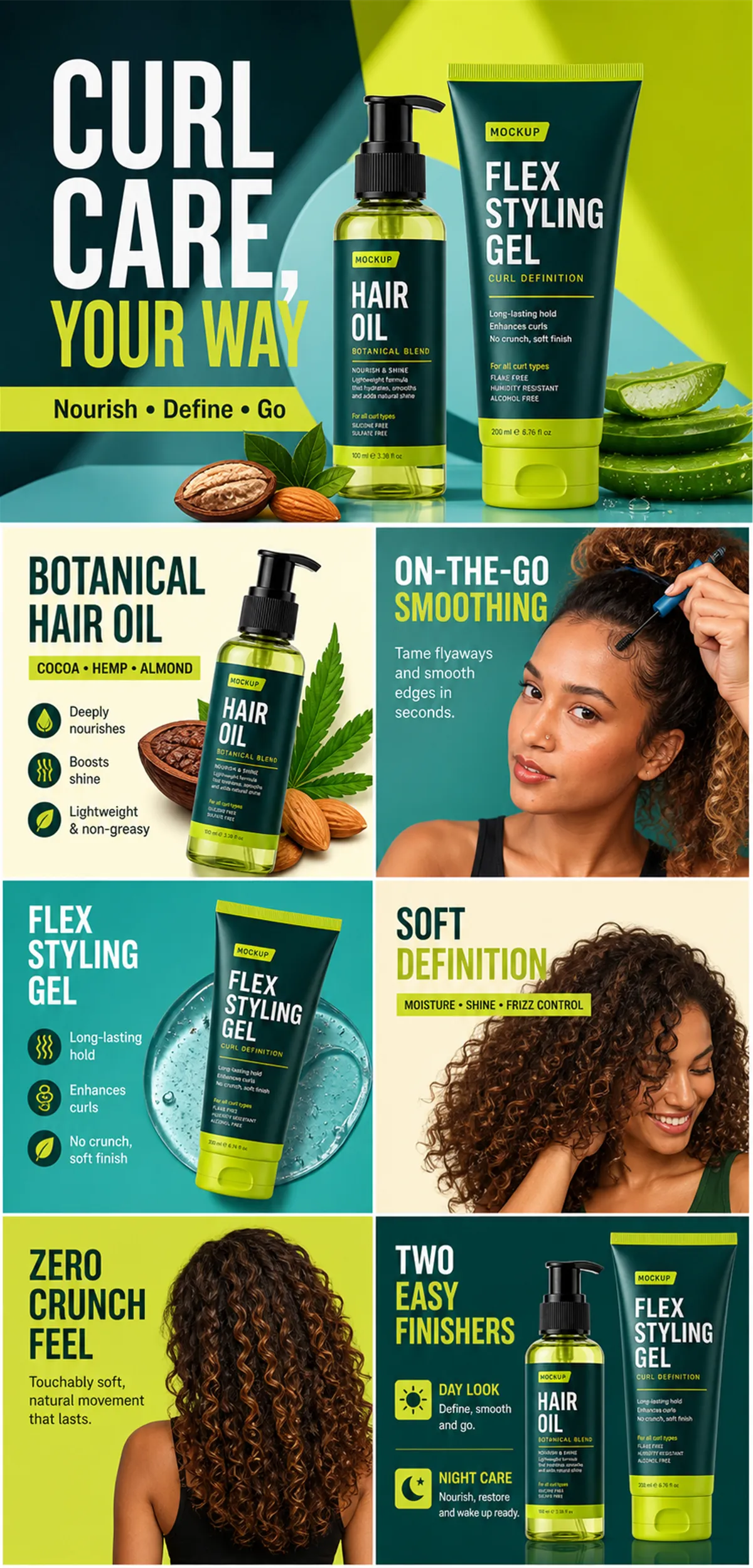 Curl Care Hair Oil and Flex Styling Gel Mockup Ad｜AI Image Generation Prompts