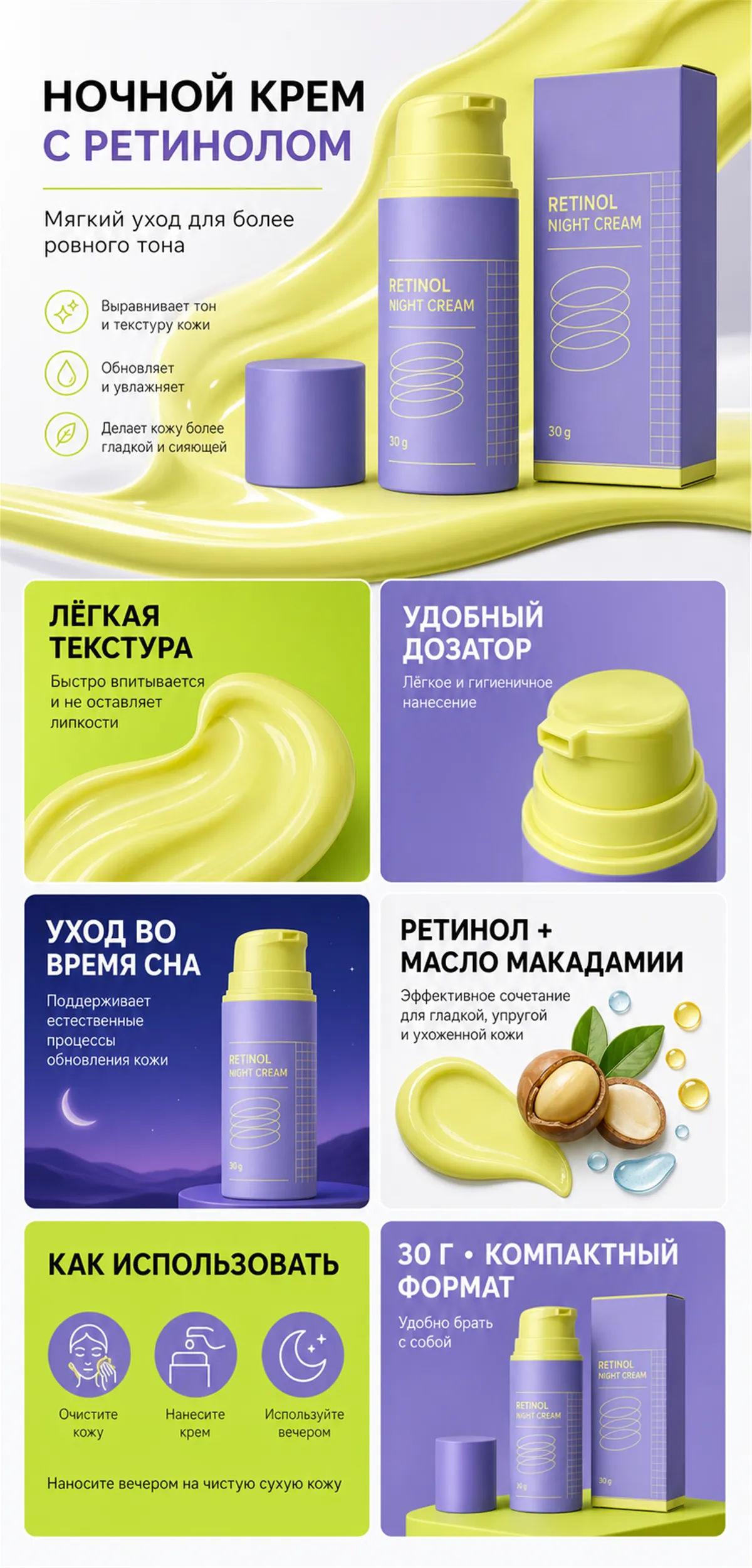 Retinol Night Cream with Macadamia Oil Infographic｜AI Image Generation Prompts