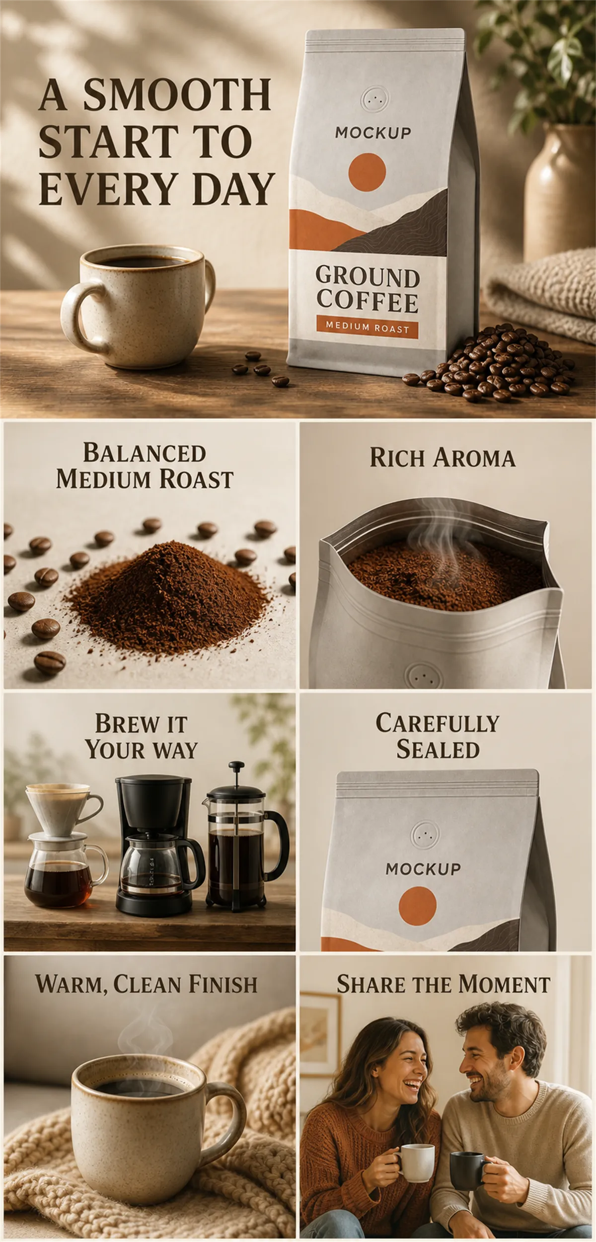 Ground Coffee Medium Roast Packaging Mockup and Lifestyle｜AI Image Generation Prompts