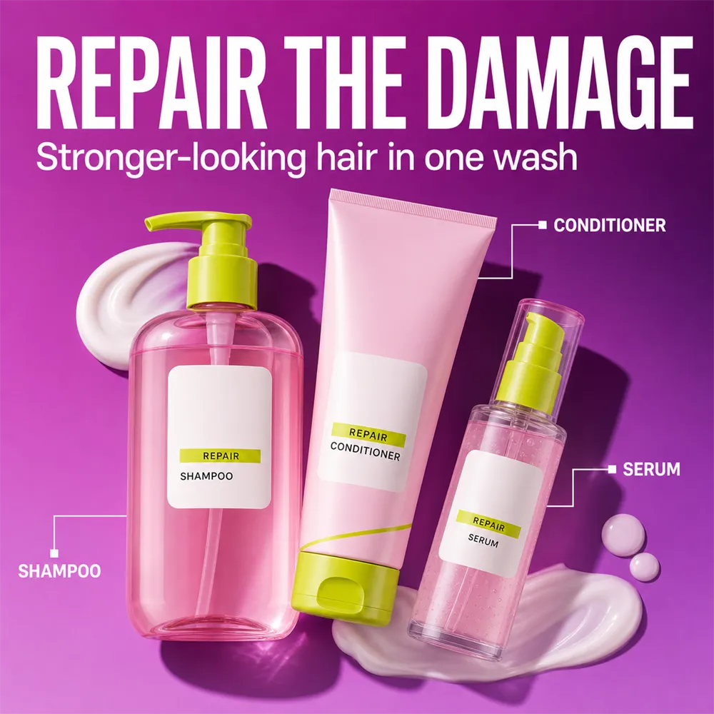 Repair Hair Care Set: Shampoo, Conditioner and Serum｜AI Image Generation Prompts