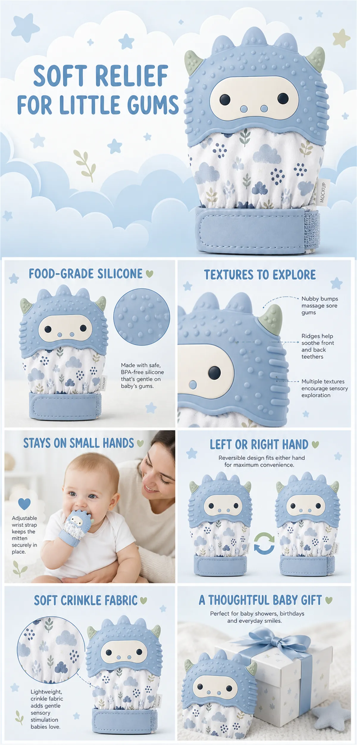 Blue Dinosaur Baby Teething Mitten with Crinkle Fabric｜AI Image Generation Prompts