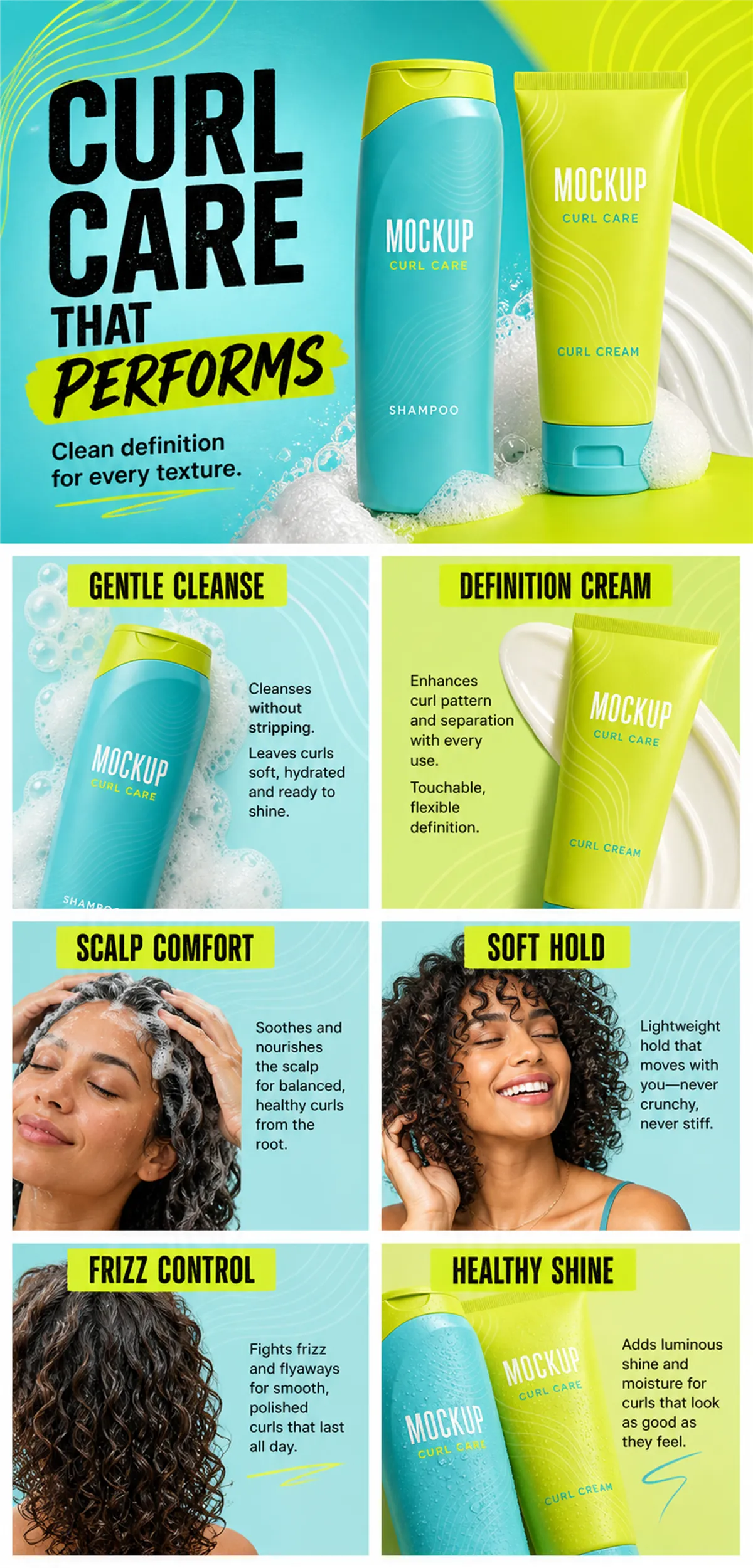 Curl Care Shampoo and Cream Mockup Presentation｜AI Image Generation Prompts