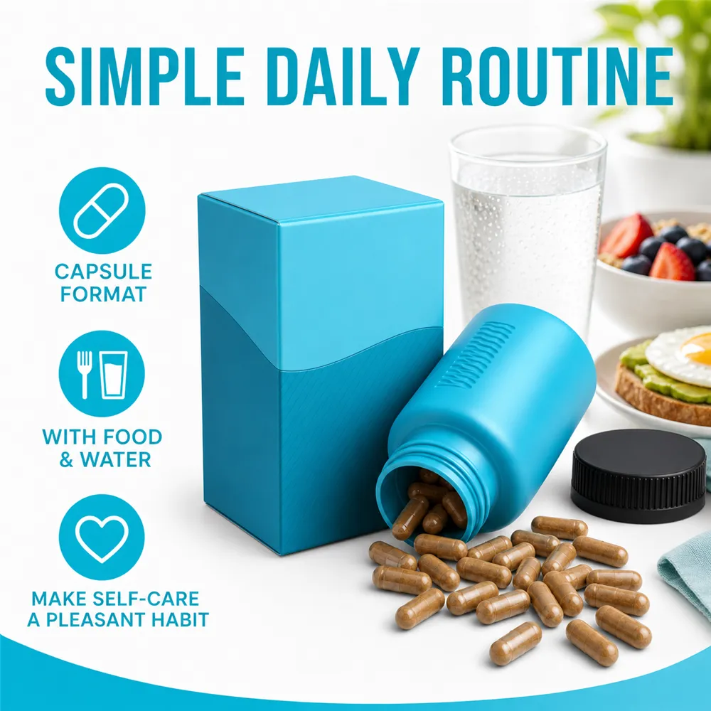 Blue supplement bottle and capsules for daily routine｜AI Image Generation Prompts