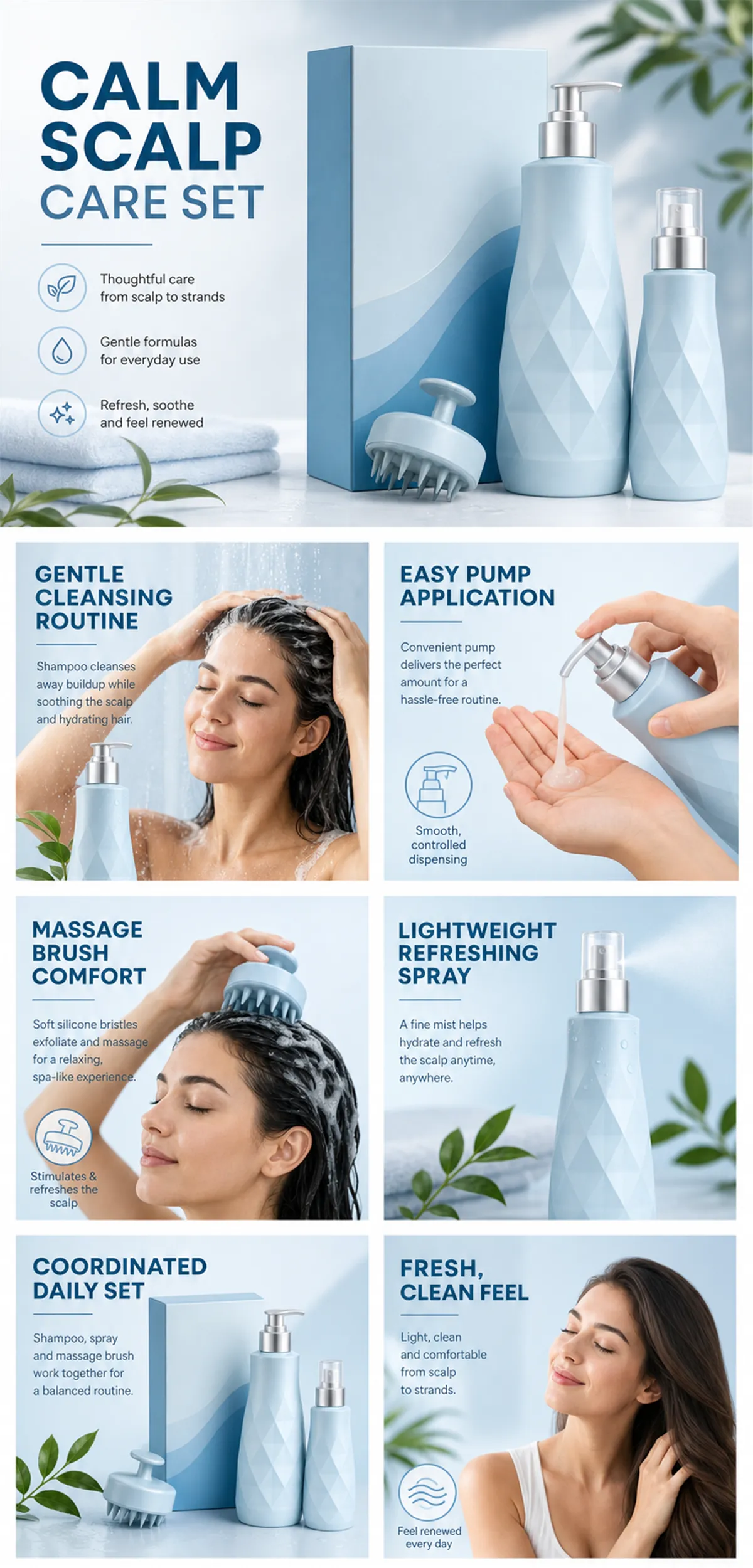 Calm Scalp Care Set with Shampoo, Spray and Massage Brush｜AI Image Generation Prompts