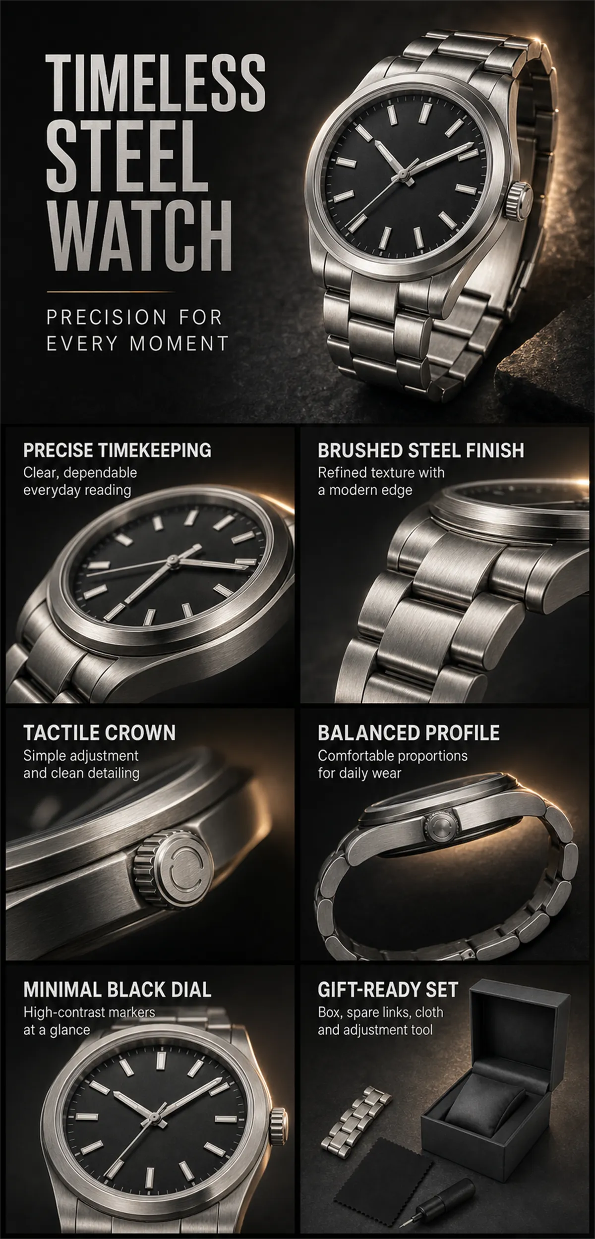 Timeless Steel Watch with Minimal Black Dial｜AI Image Generation Prompts