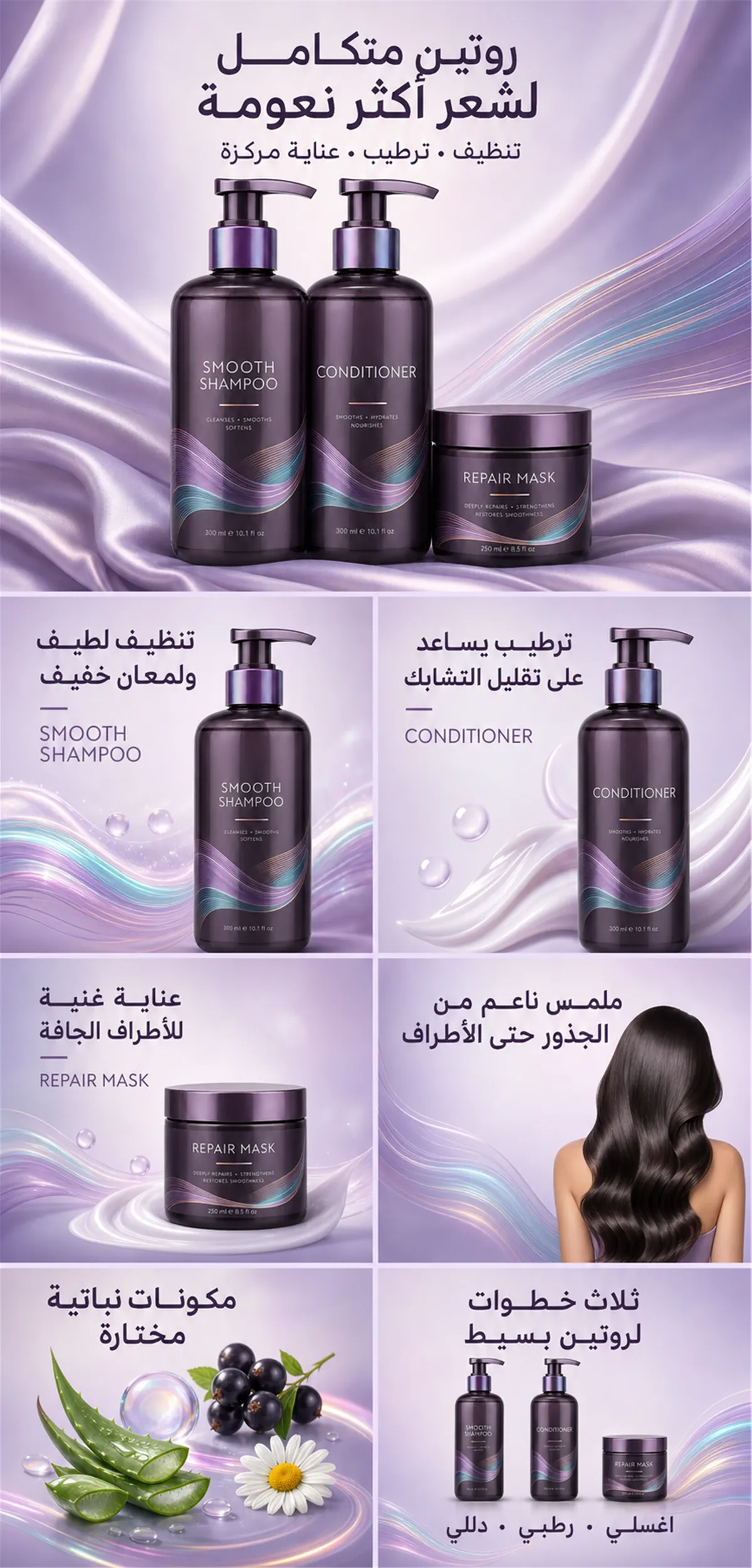 Purple Hair Care Set Shampoo Conditioner Repair Mask｜AI Image Generation Prompts