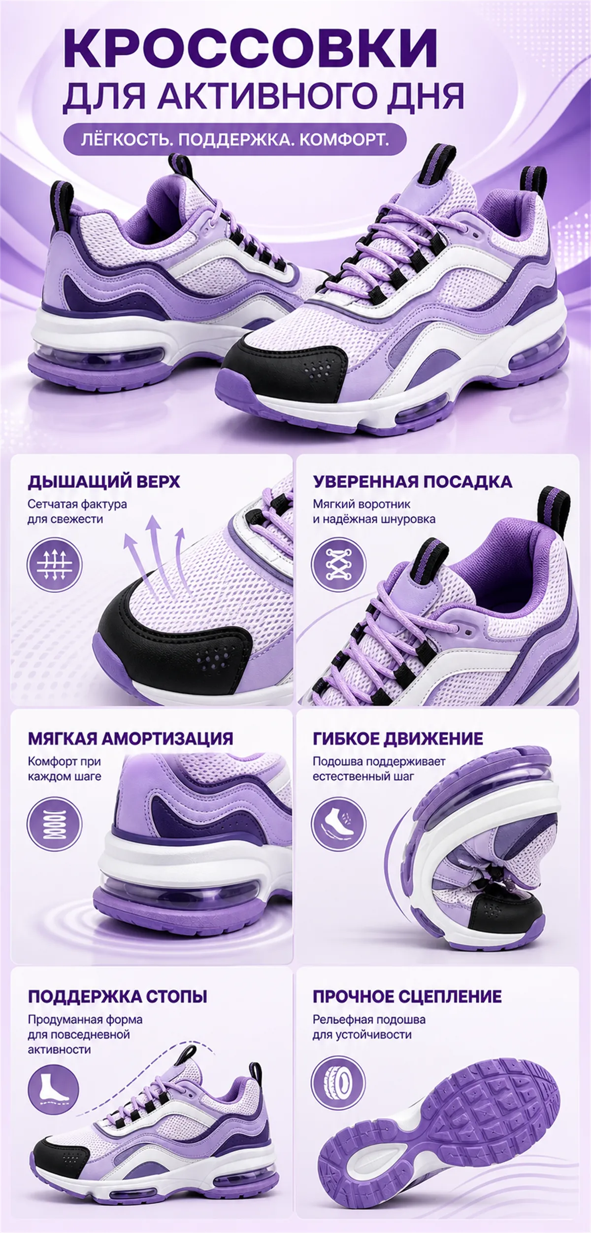 Purple and white athletic sneakers features infographic｜AI Image Generation Prompts