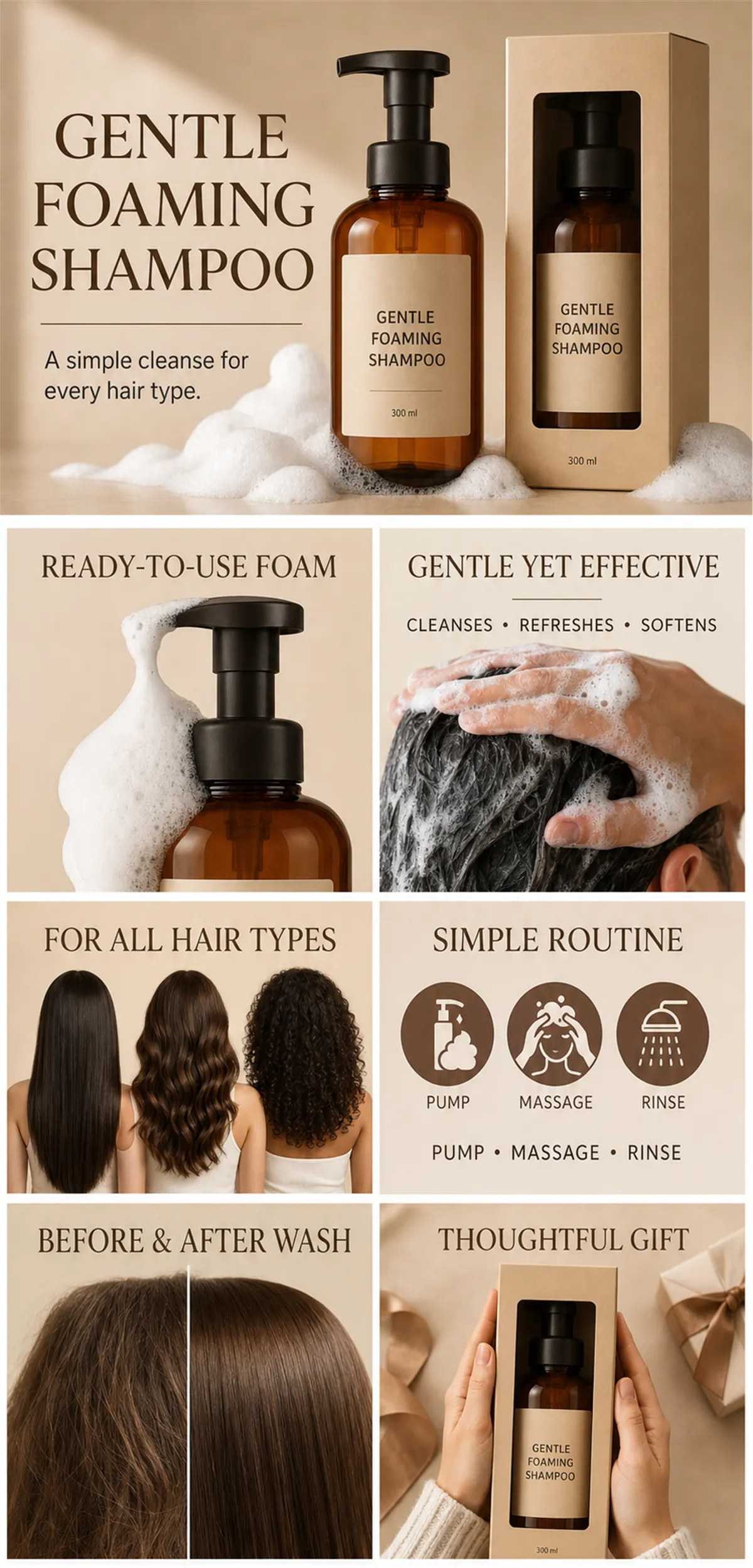 Gentle Foaming Shampoo Product Infographic｜AI Image Generation Prompts