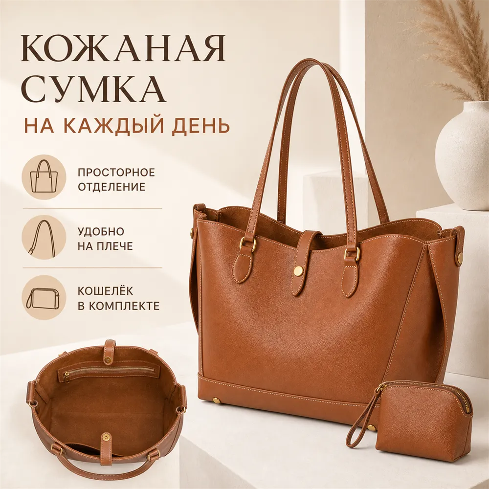 Brown Leather Tote Bag With Matching Coin Purse｜AI Image Generation Prompts
