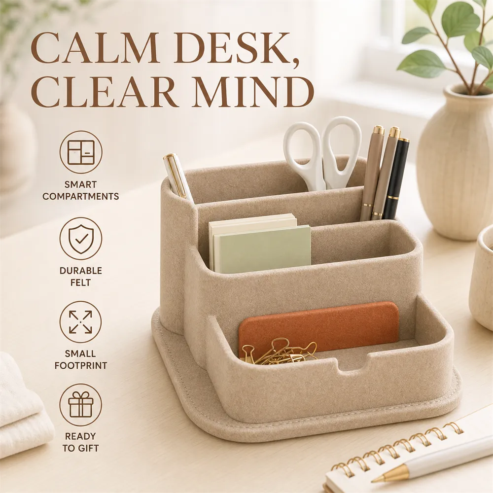 Beige Felt Desk Organizer with Smart Compartments｜AI Image Generation Prompts