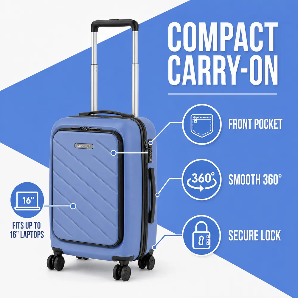 Compact Blue Carry-On Suitcase Features Diagram｜AI Image Generation Prompts