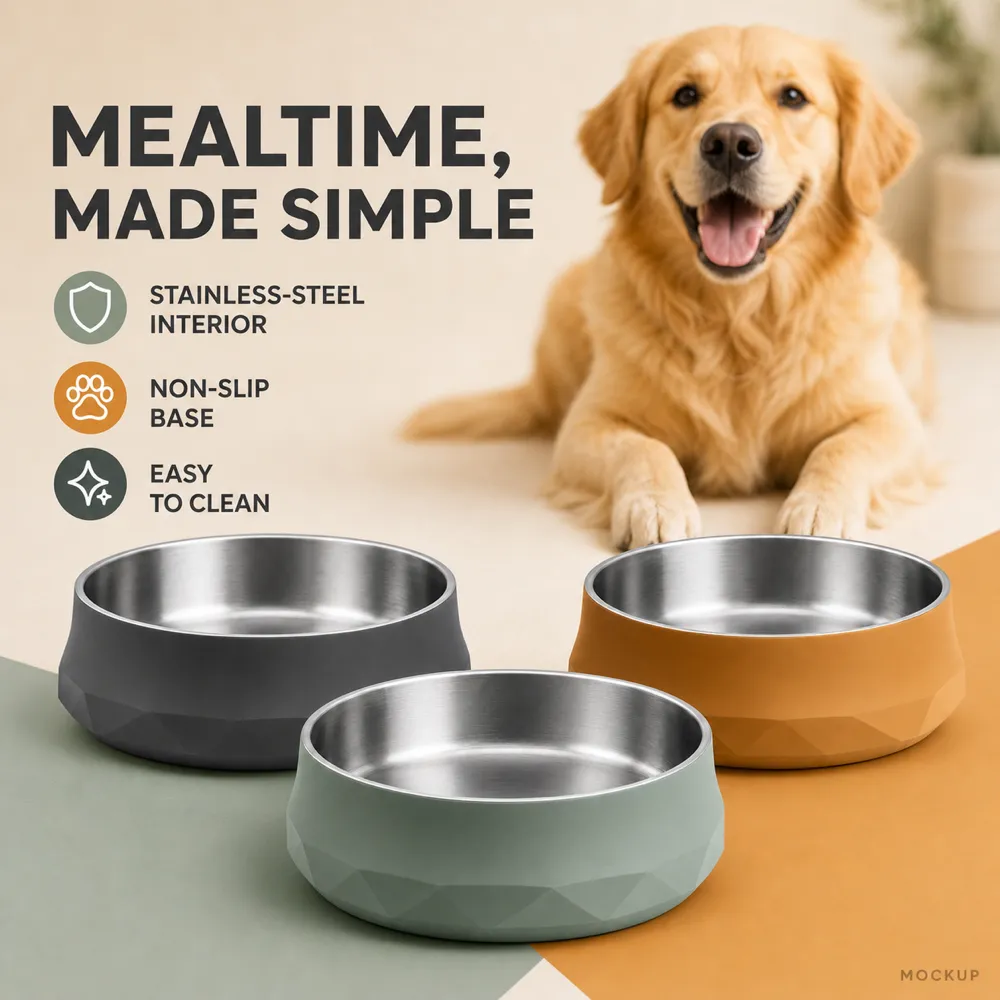 Colorful Stainless Steel Dog Bowls with Golden Retriever｜AI Image Generation Prompts