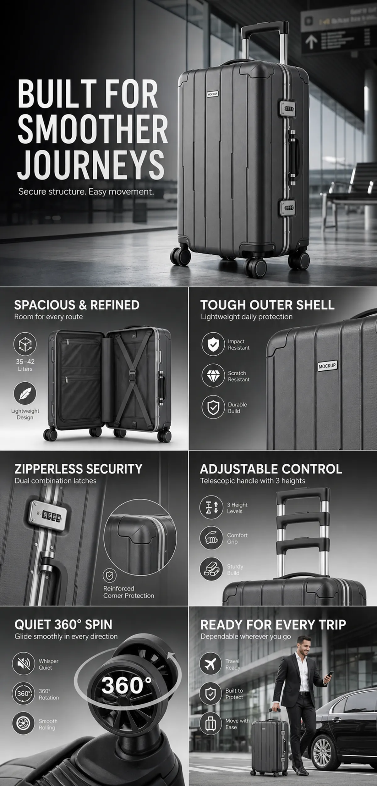 Black Hard-Shell Suitcase Feature Overview｜AI Image Generation Prompts