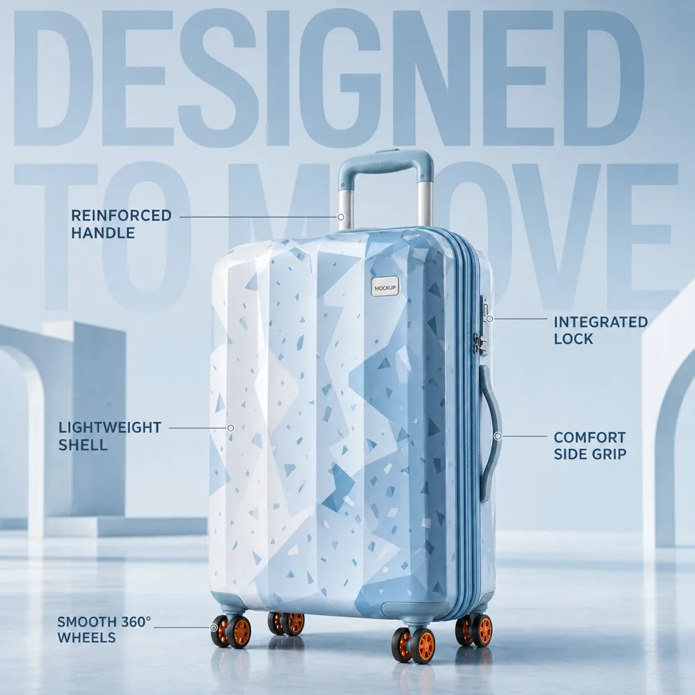 Blue Geometric Suitcase with Features Labeled｜AI Image Generation Prompts