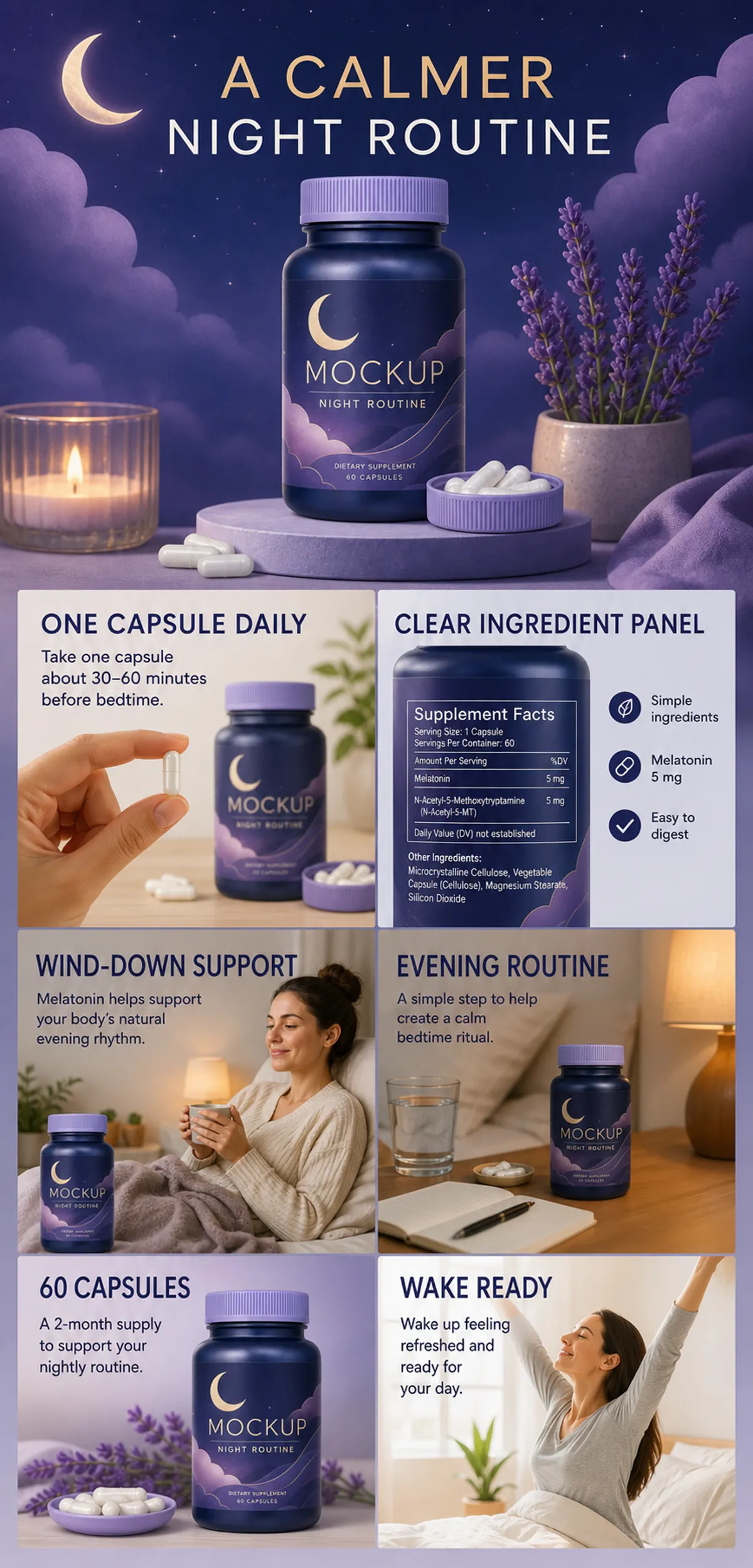 Night Routine Melatonin Supplement Bottle Mockup｜AI Image Generation Prompts