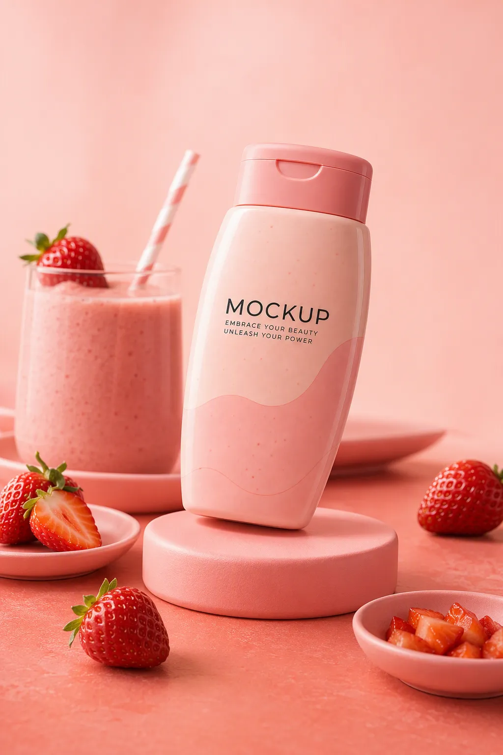 Pink Bottle Mockup with Strawberries and Smoothie｜AI Image Generation Prompts