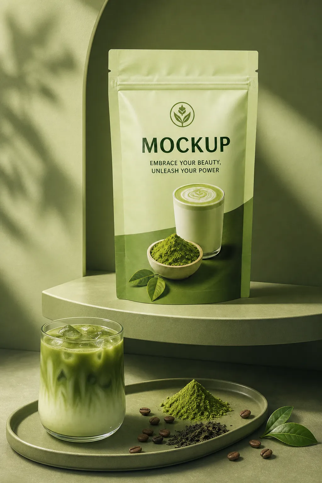 Matcha Powder Pouch Mockup with Iced Latte Drink｜AI Image Generation Prompts