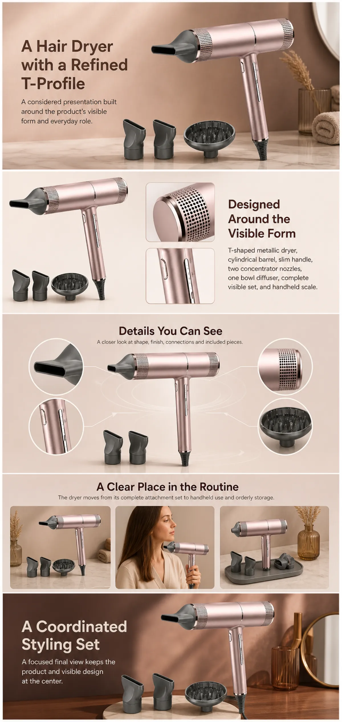 Pink Metallic T-Shaped Hair Dryer with Attachments｜AI Image Generation Prompts