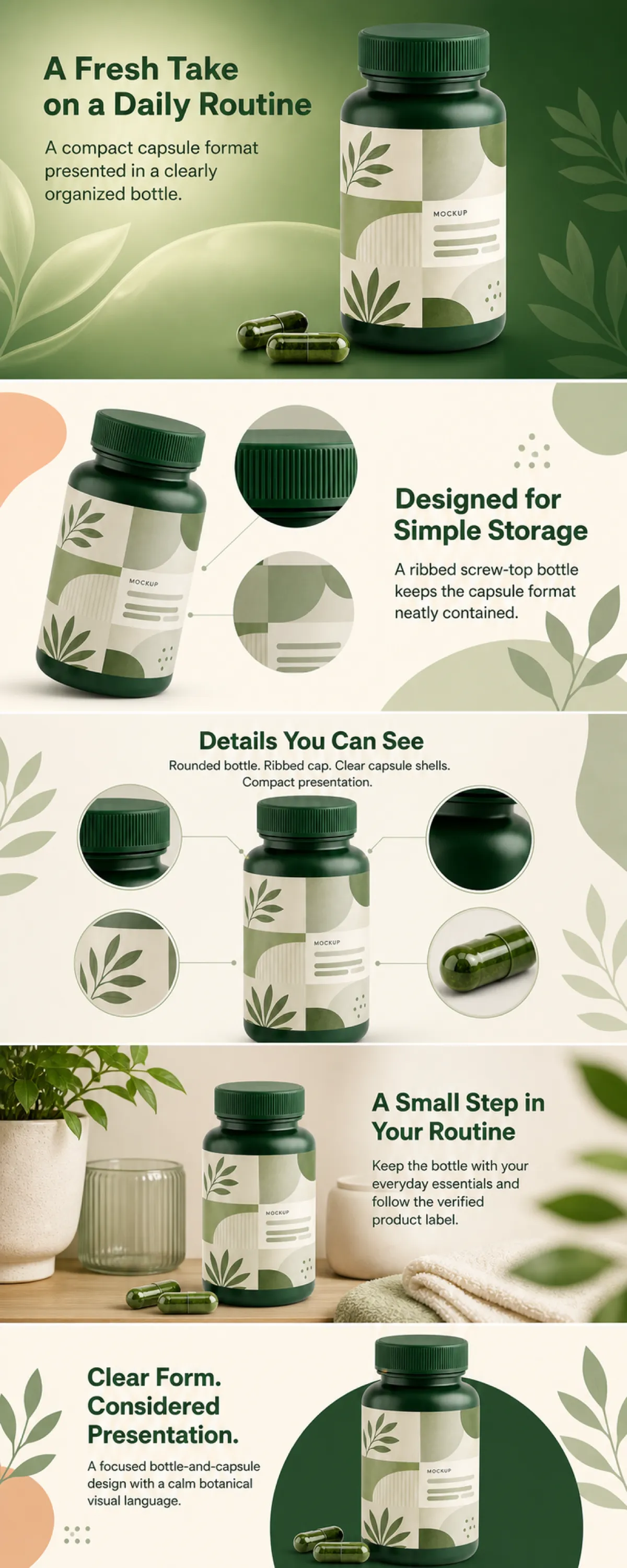 Green Botanical Supplement Bottle Mockup Design｜AI Image Generation Prompts