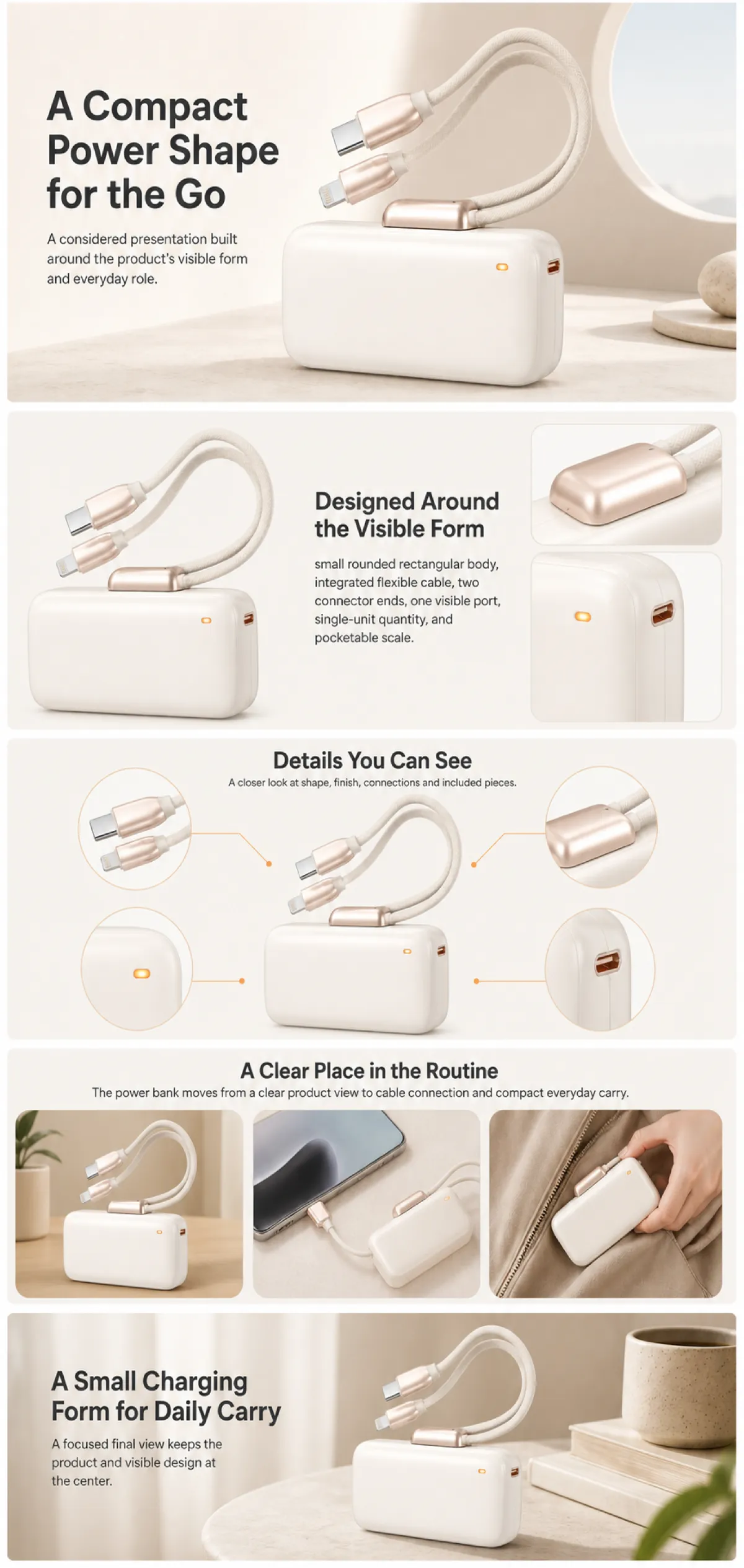 Compact White Power Bank with Built-in Cables｜AI Image Generation Prompts