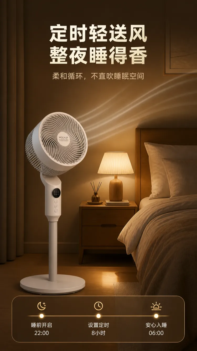Quiet white standing fan in cozy bedroom at night｜AI Image Generation Prompts