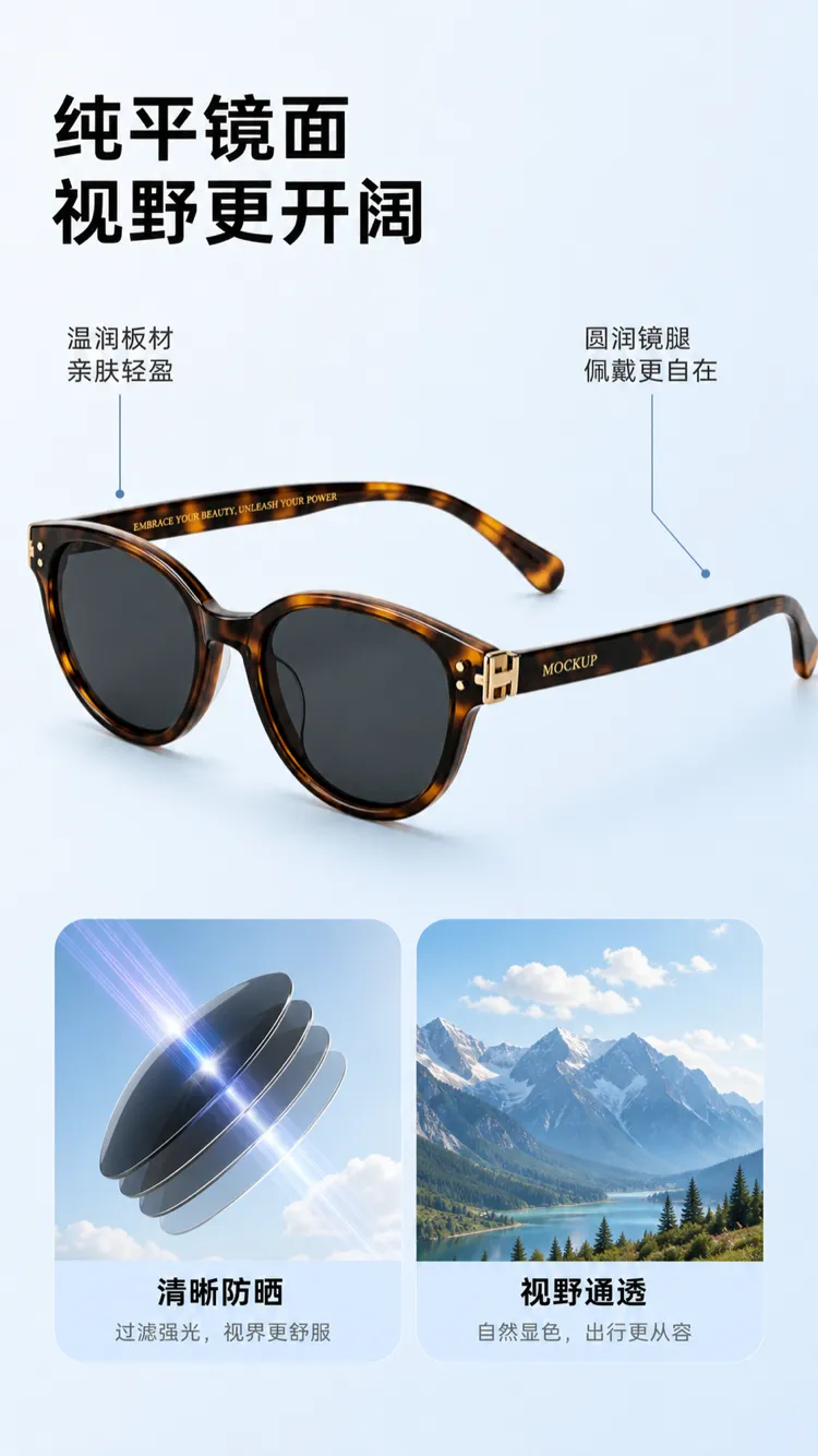Tortoise Shell Sunglasses with Flat Lenses and Wide Vision｜AI Image Generation Prompts