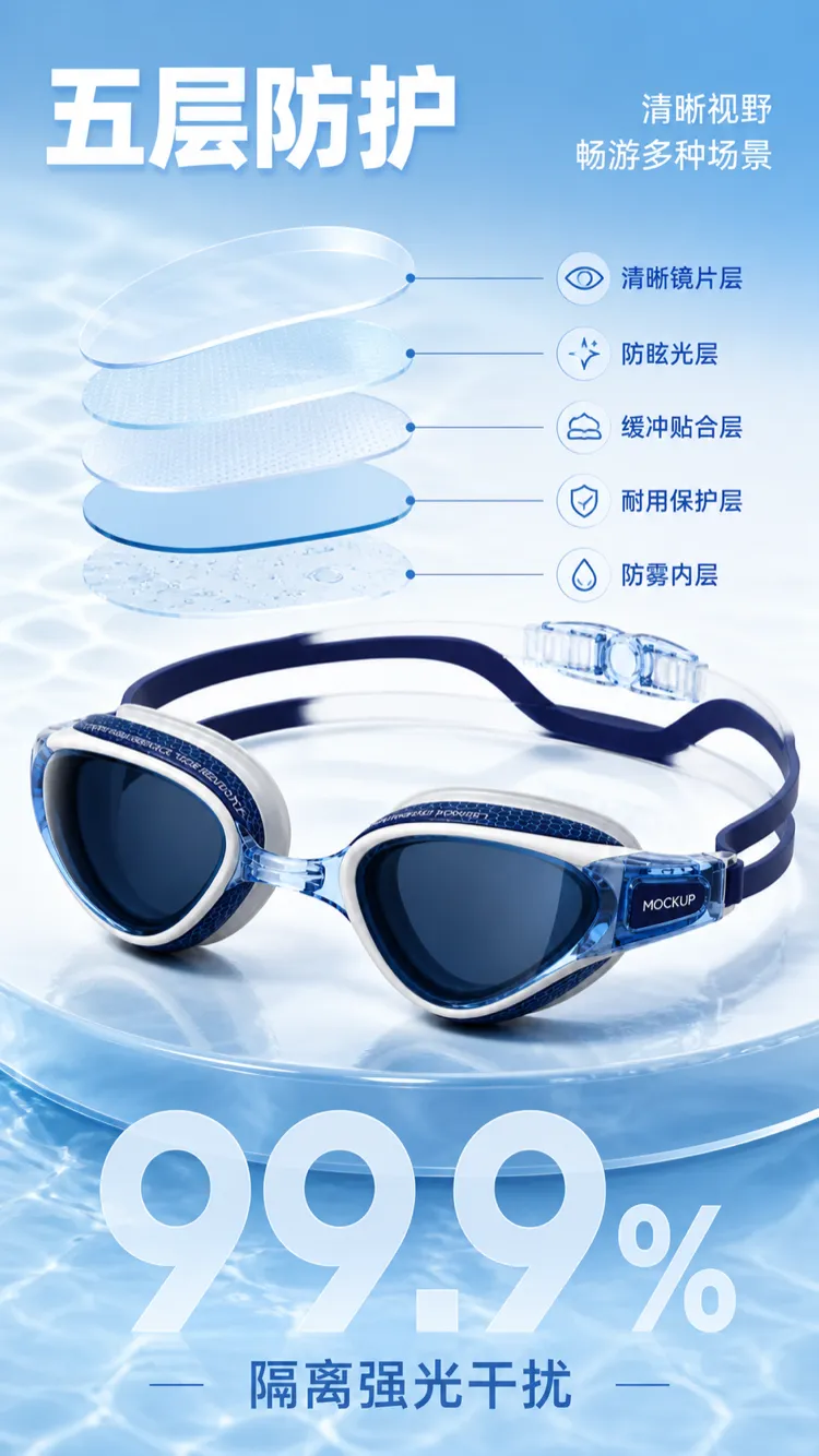 Blue Swimming Goggles with Five-Layer Lens Protection｜AI Image Generation Prompts