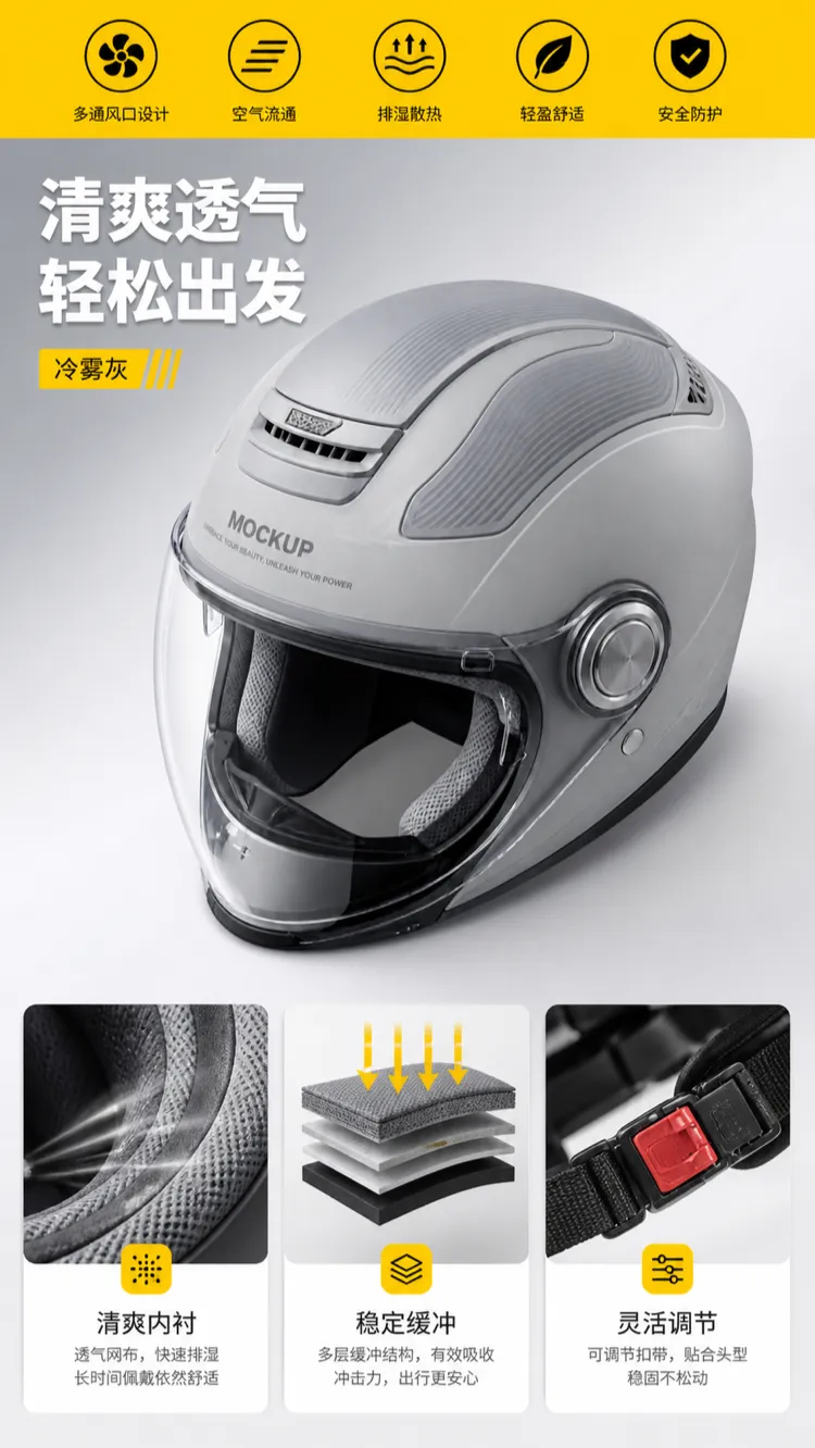Grey Breathable Motorcycle Helmet with Safety Features｜AI Image Generation Prompts