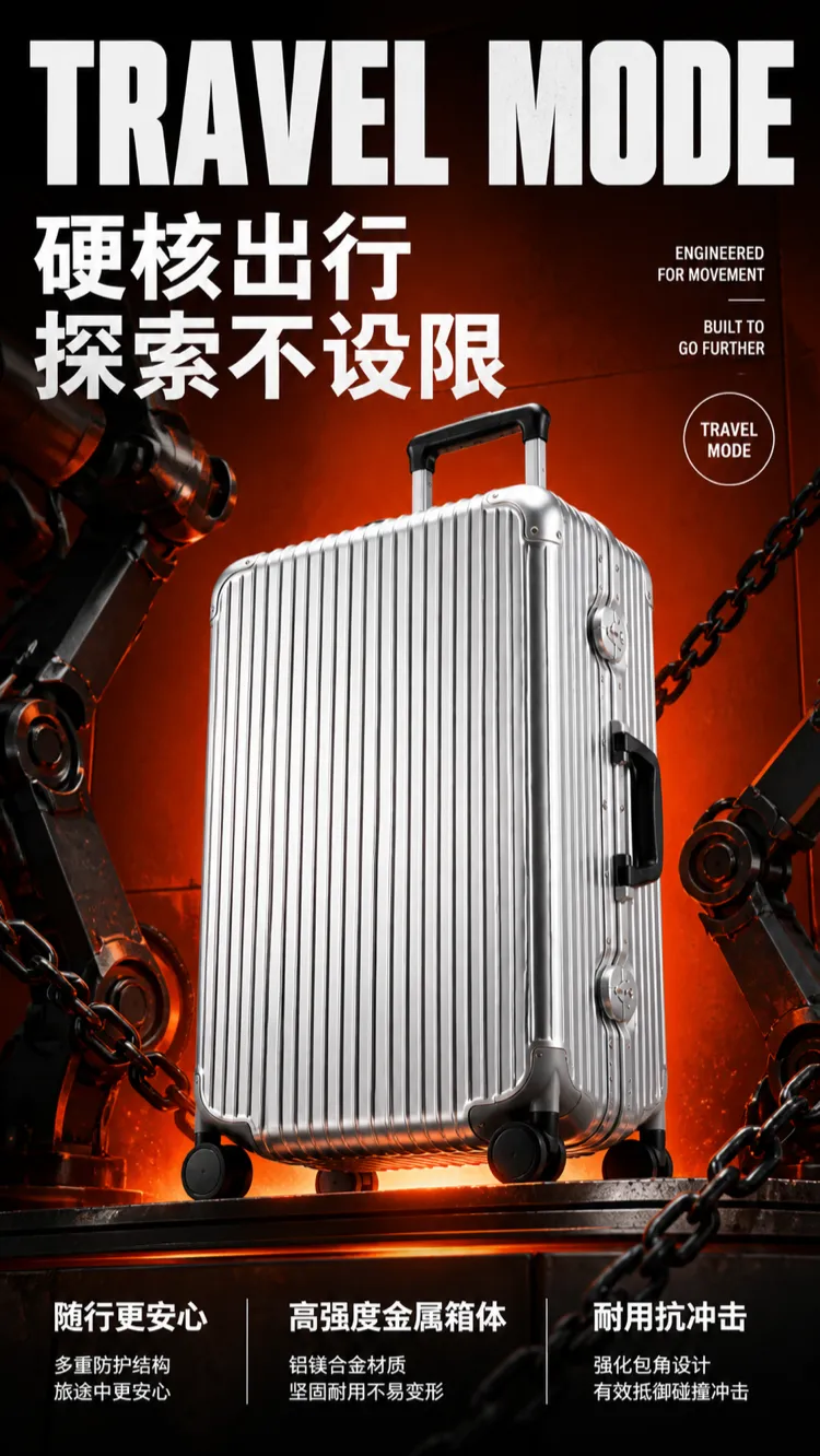 Silver Aluminum Suitcase Travel Mode Poster｜AI Image Generation Prompts