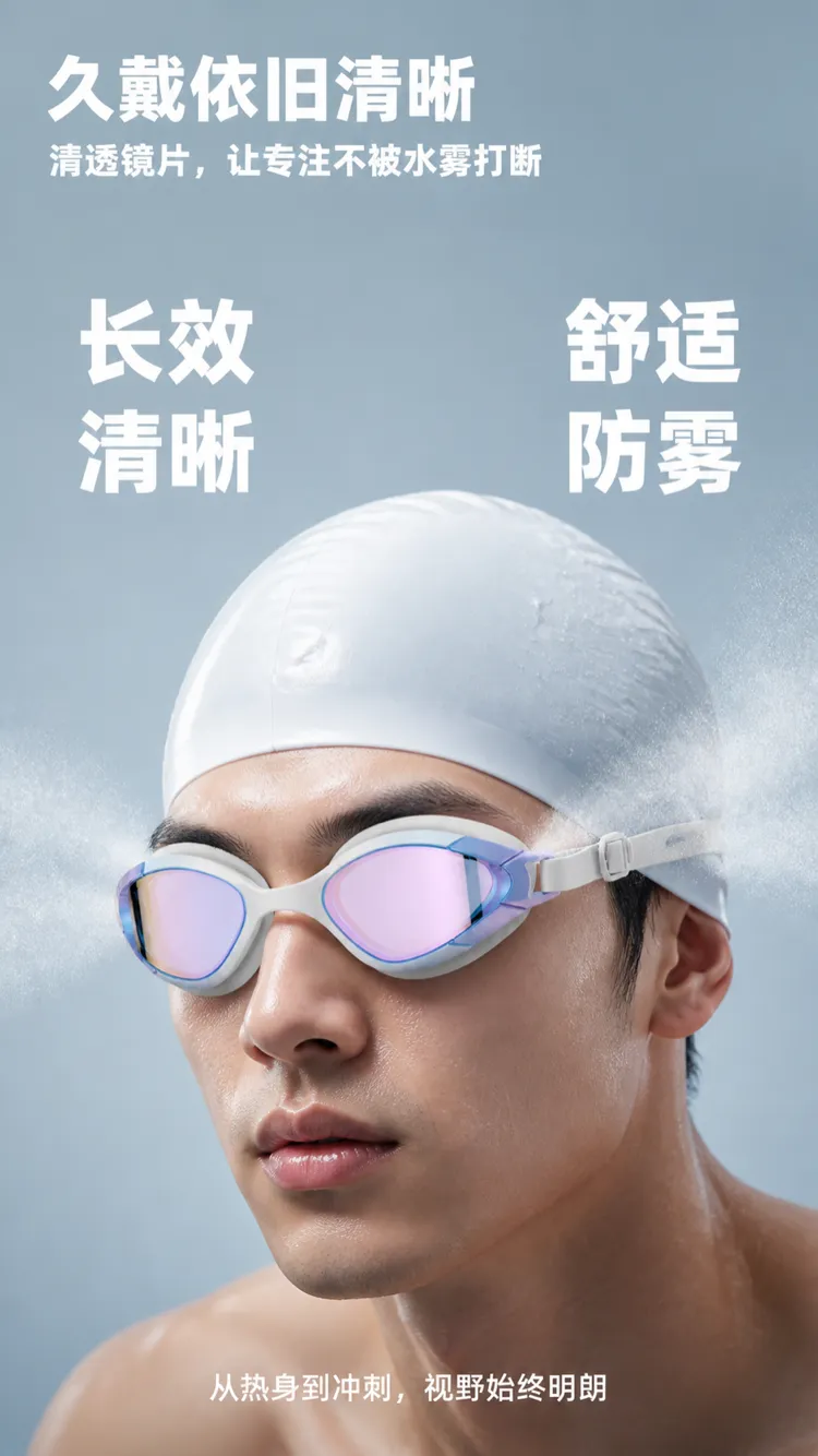 Man wearing anti-fog swimming goggles and white cap｜AI Image Generation Prompts