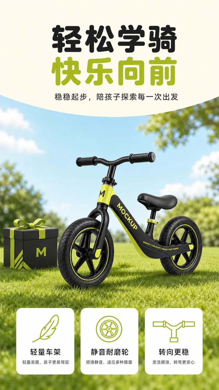 Kids Balance Bike Mockup on Grass with Gift Box｜AI Image Generation Prompts