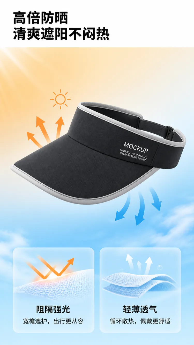 Black Wide Brim Sun Visor Hat Mockup｜AI Image Generation Prompts