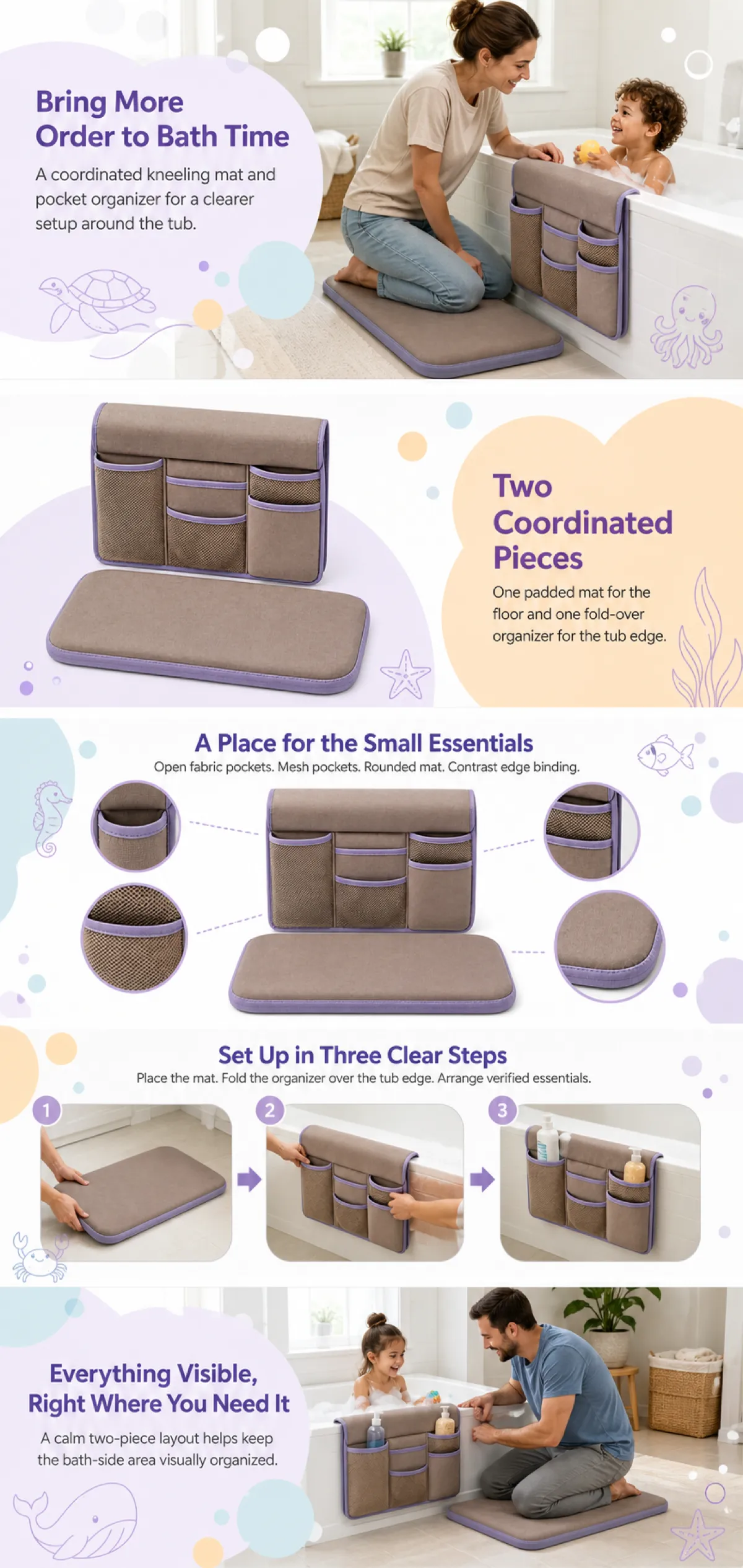 Coordinated Bath Kneeling Mat and Tub Edge Organizer Set｜AI Image Generation Prompts