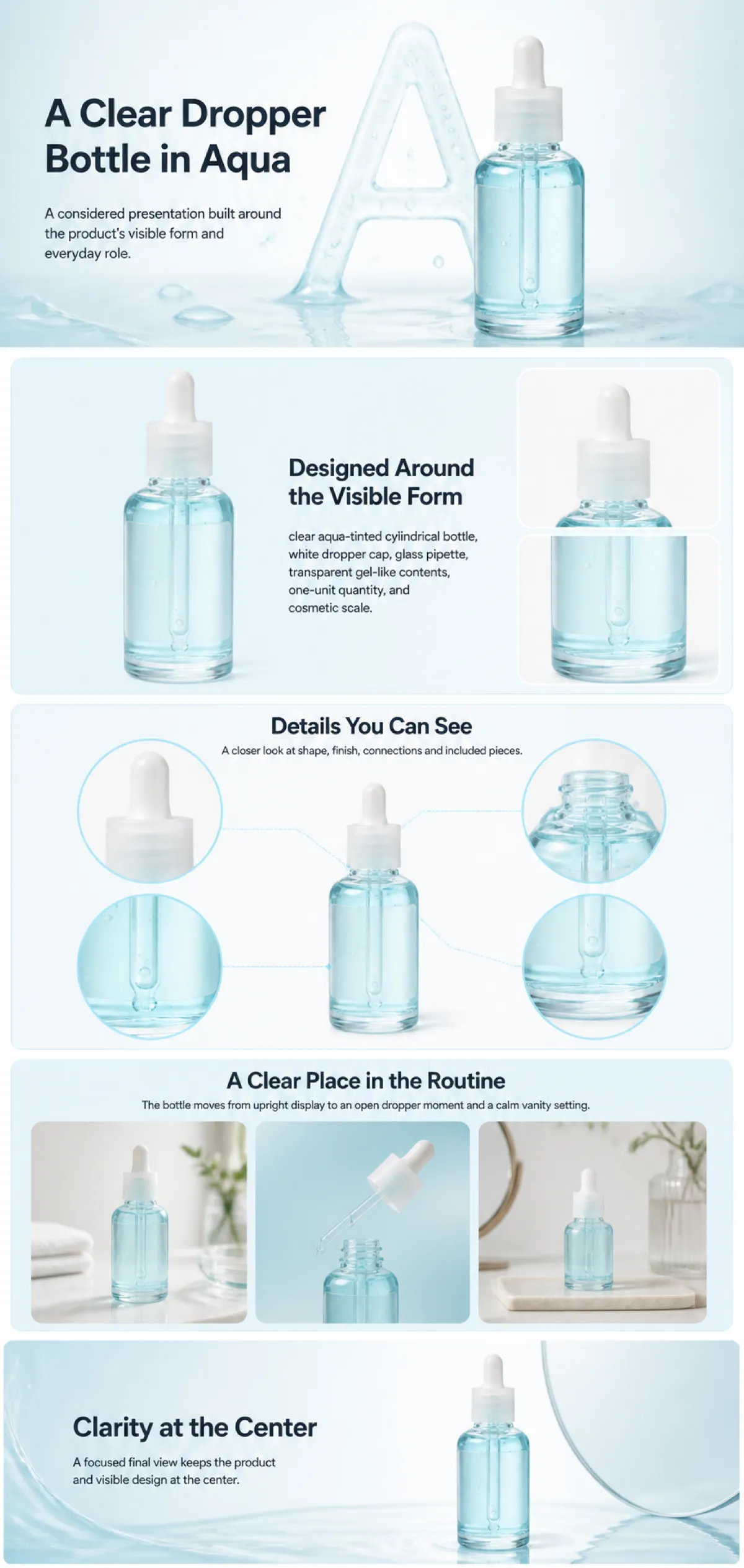 Clear Aqua Dropper Bottle Design Presentation｜AI Image Generation Prompts