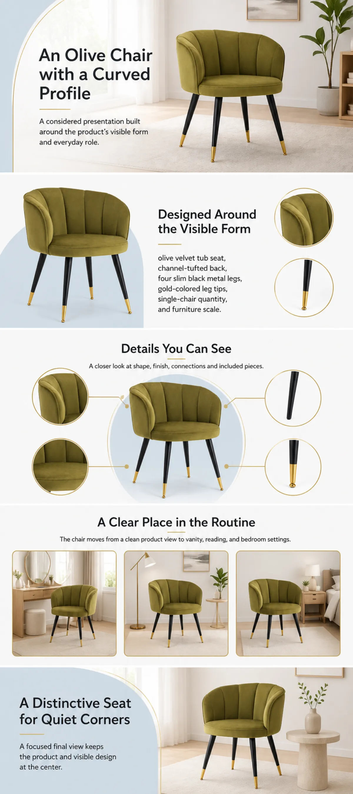 Olive Velvet Tub Chair with Curved Profile and Gold Legs｜AI Image Generation Prompts