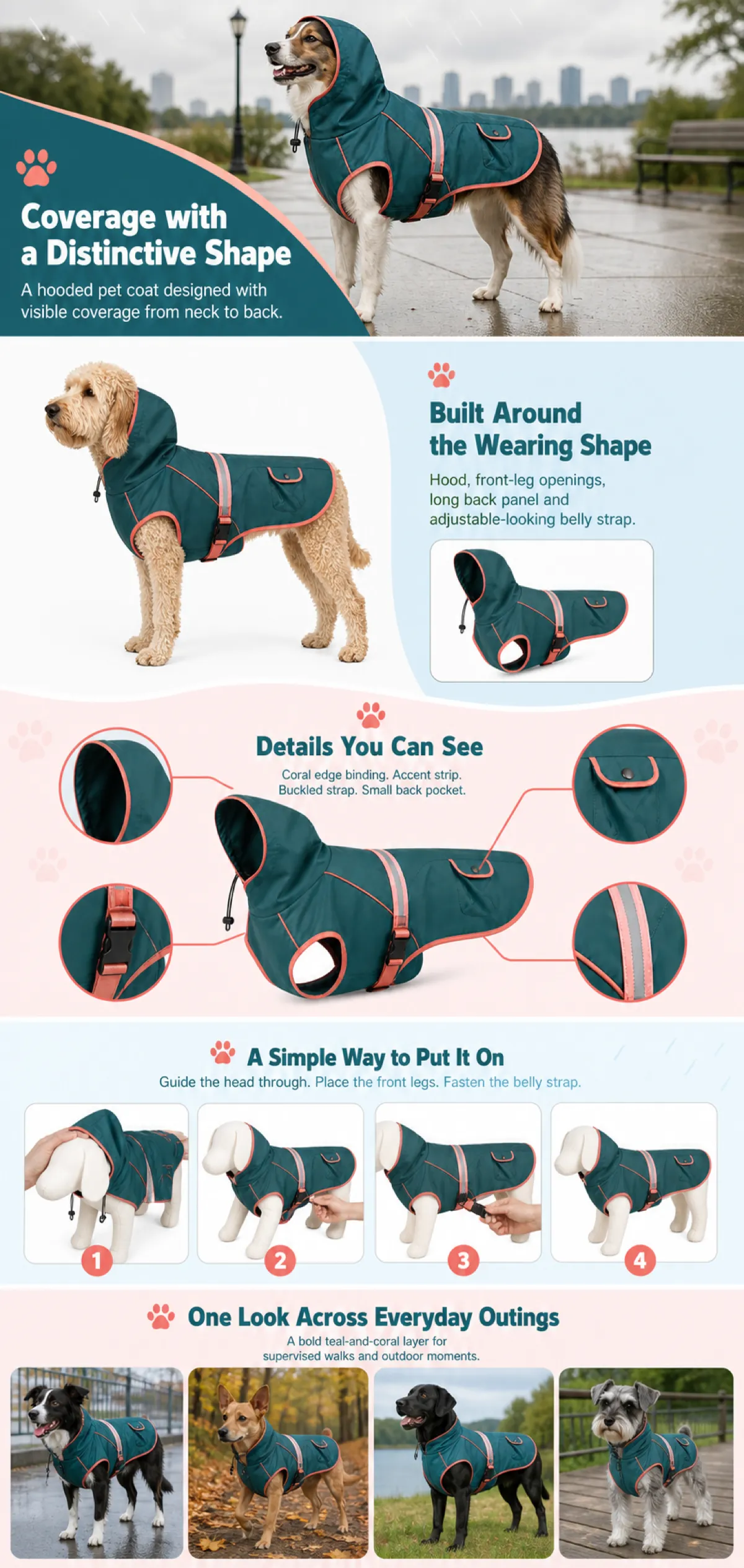 Teal and Coral Hooded Dog Raincoat Features｜AI Image Generation Prompts
