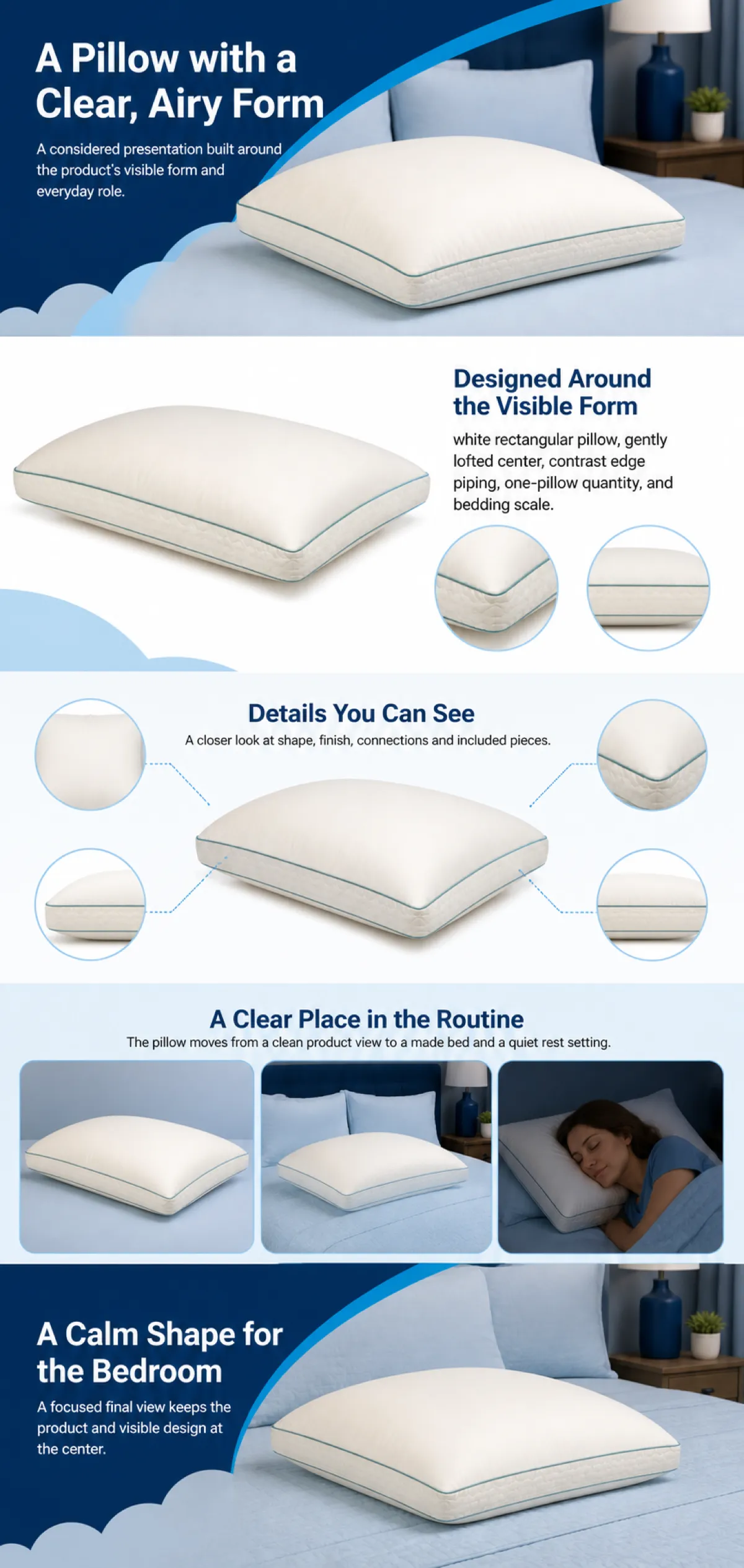 White Rectangular Pillow with Blue Piping Design｜AI Image Generation Prompts