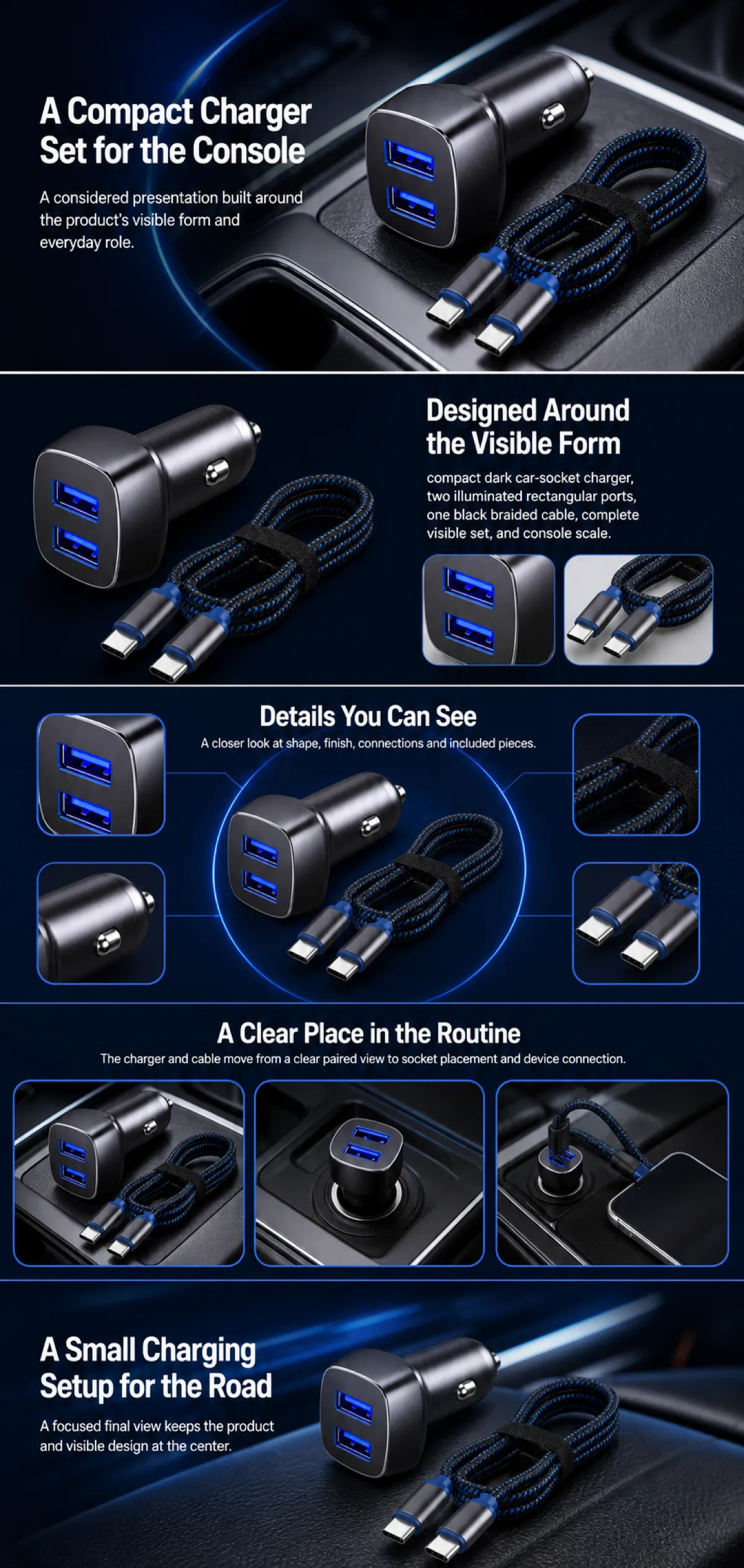 Compact Dual USB Car Charger Set with Braided Cable｜AI Image Generation Prompts