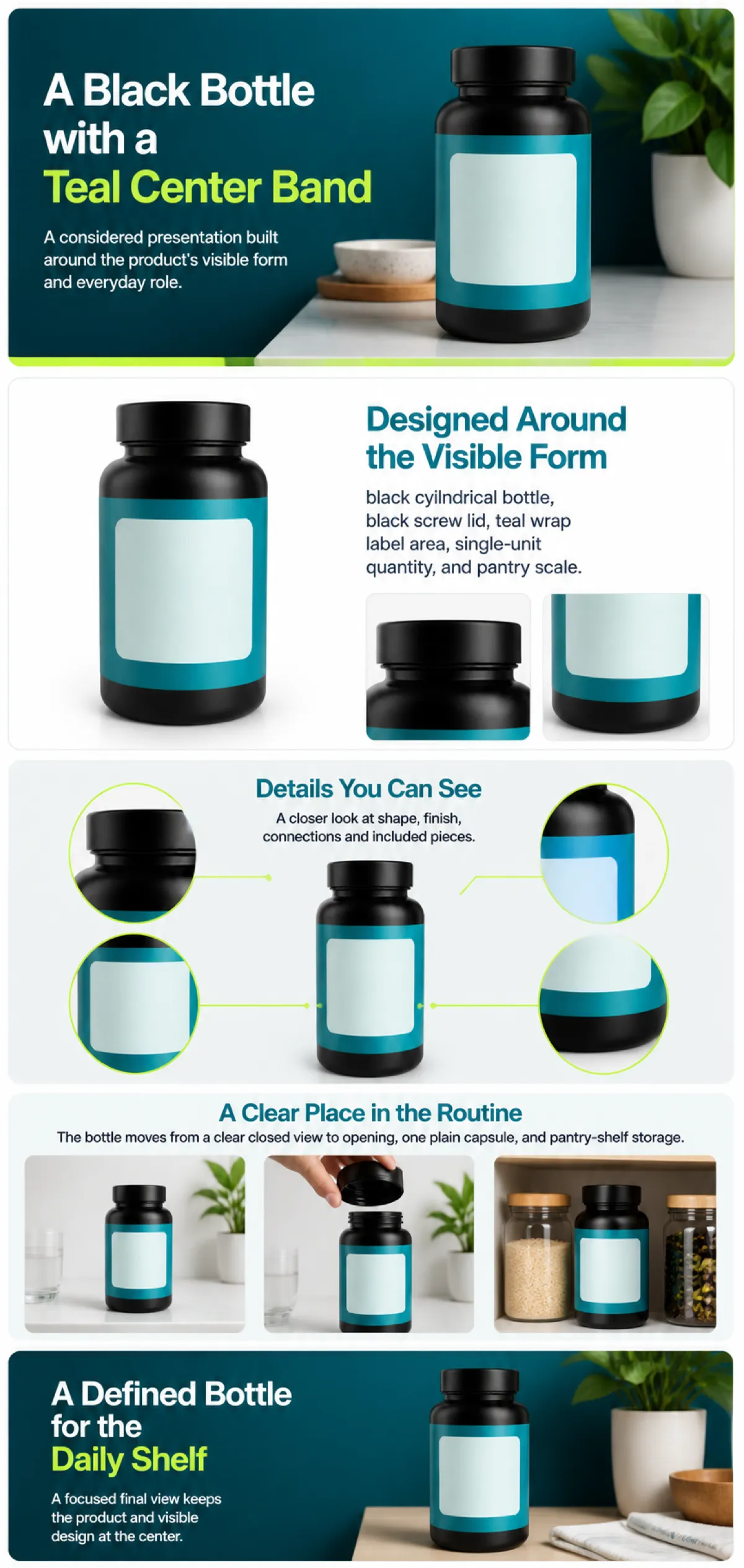Black Bottle with Teal Center Band Presentation｜AI Image Generation Prompts
