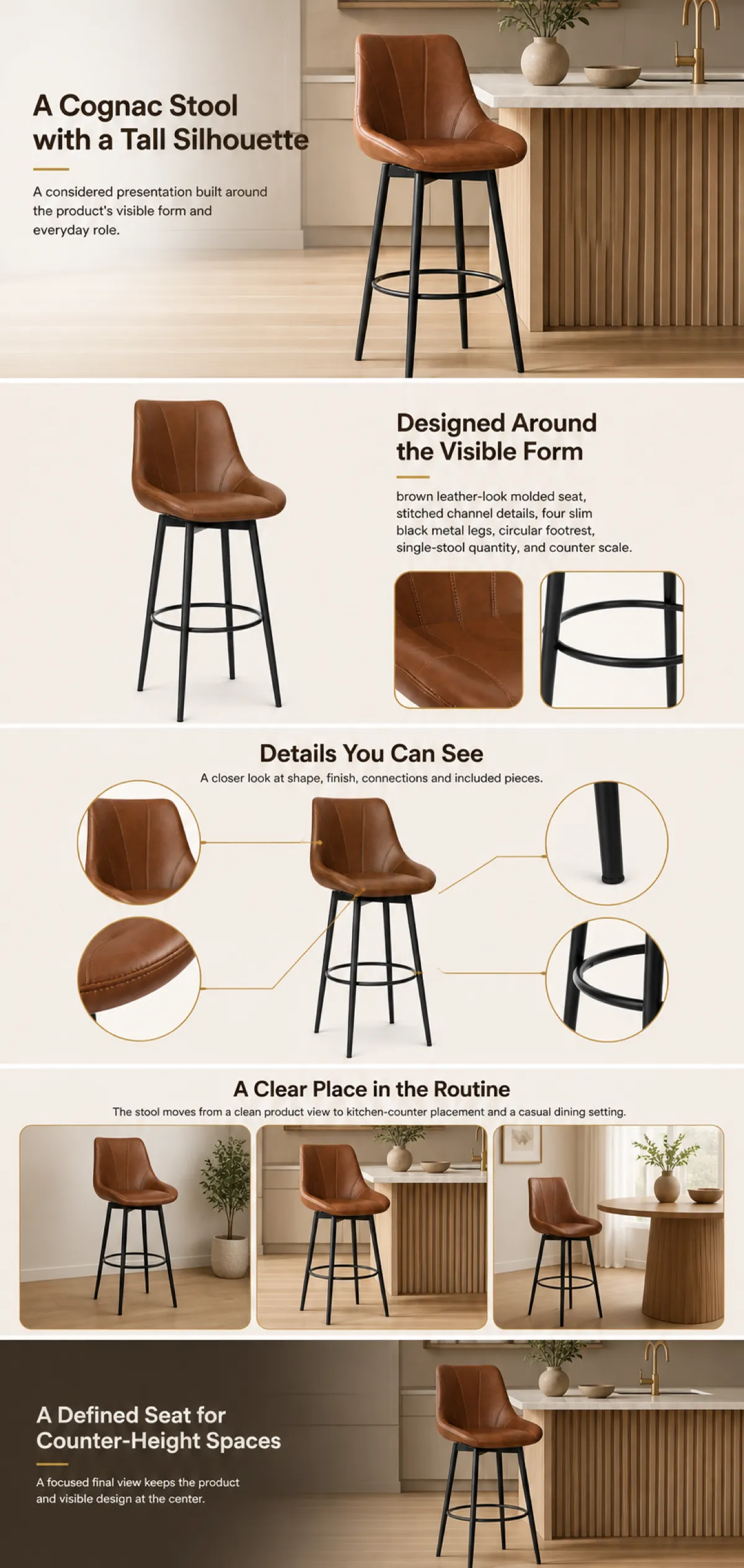 Cognac Stool with Tall Silhouette Design｜AI Image Generation Prompts
