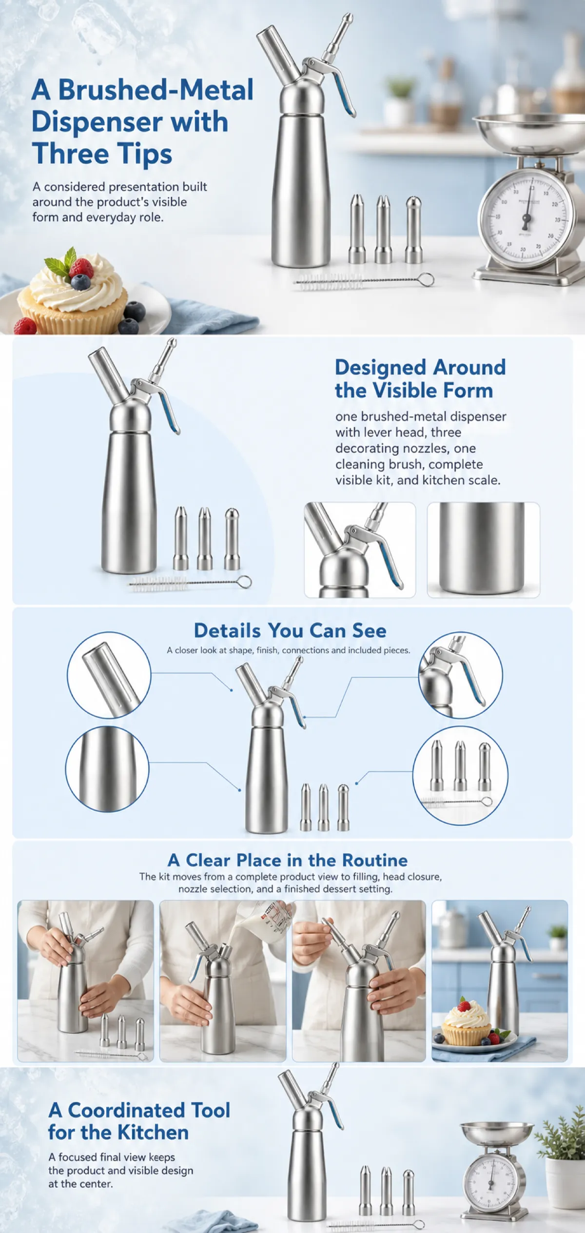 Brushed Metal Cream Dispenser with Three Tips｜AI Image Generation Prompts