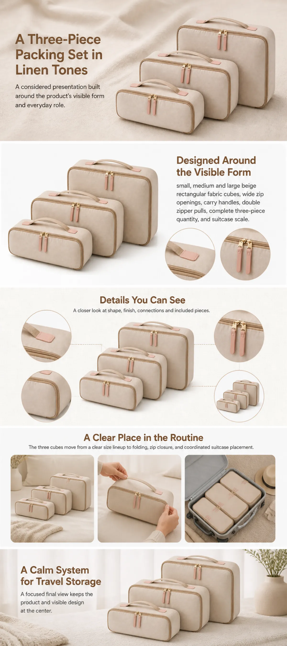 Three-Piece Packing Set in Linen Tones｜AI Image Generation Prompts
