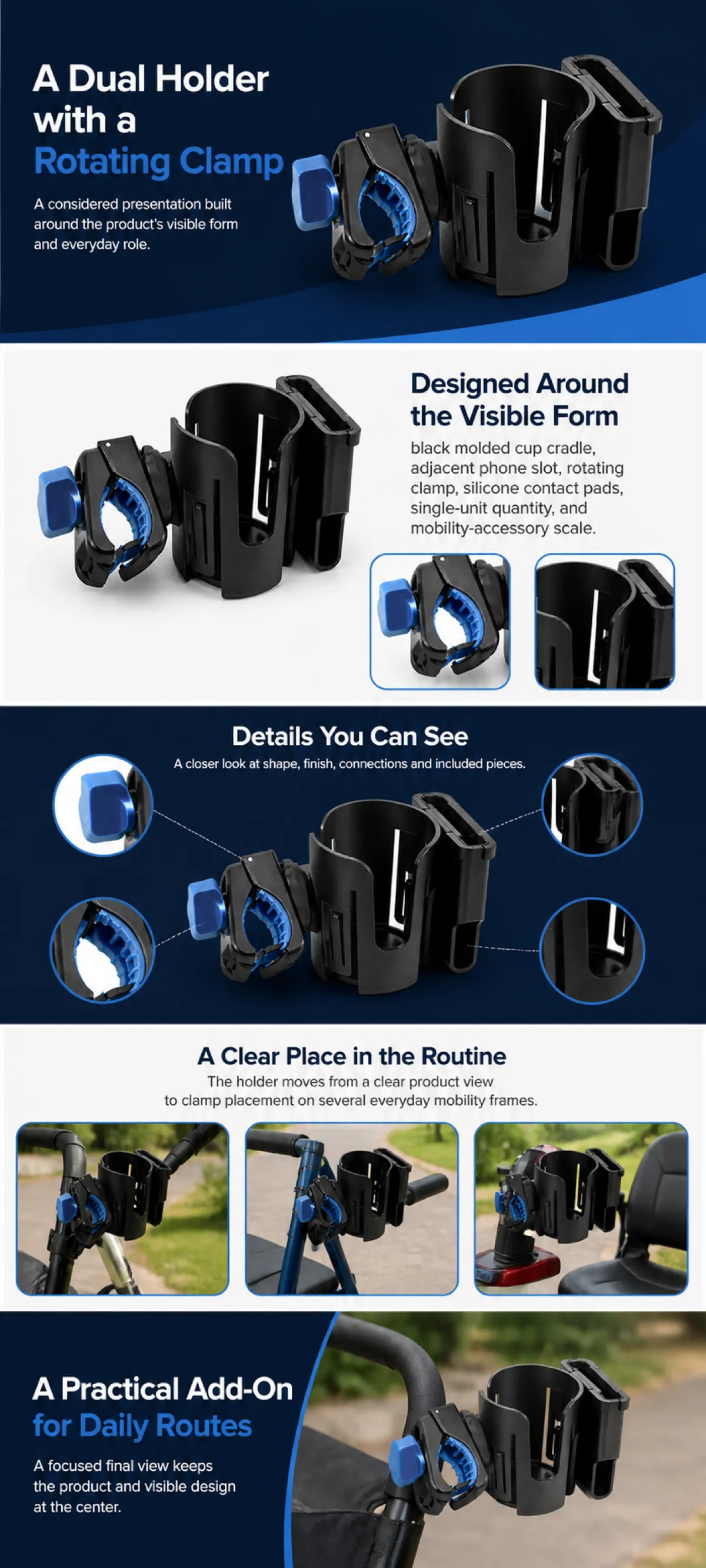 Dual Holder with Rotating Clamp for Cup and Phone｜AI Image Generation Prompts