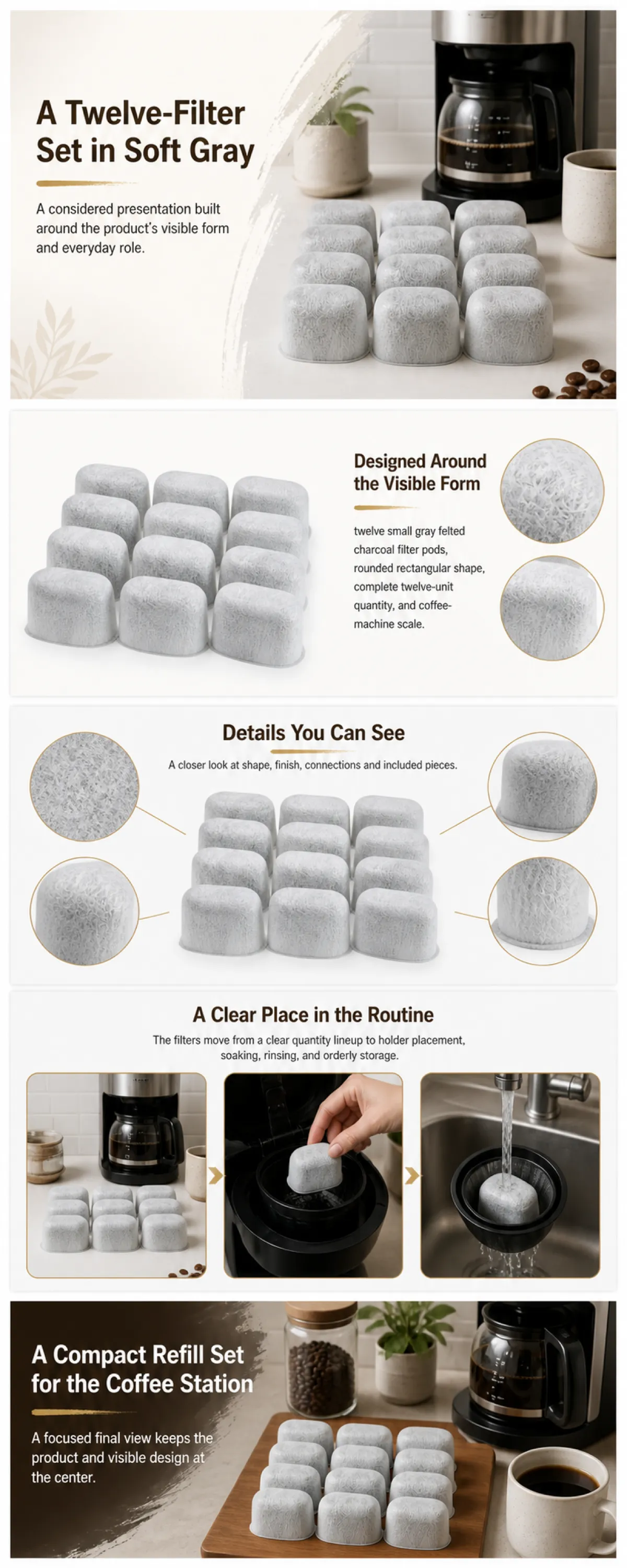 Twelve-Filter Set in Soft Gray for Coffee Station｜AI Image Generation Prompts