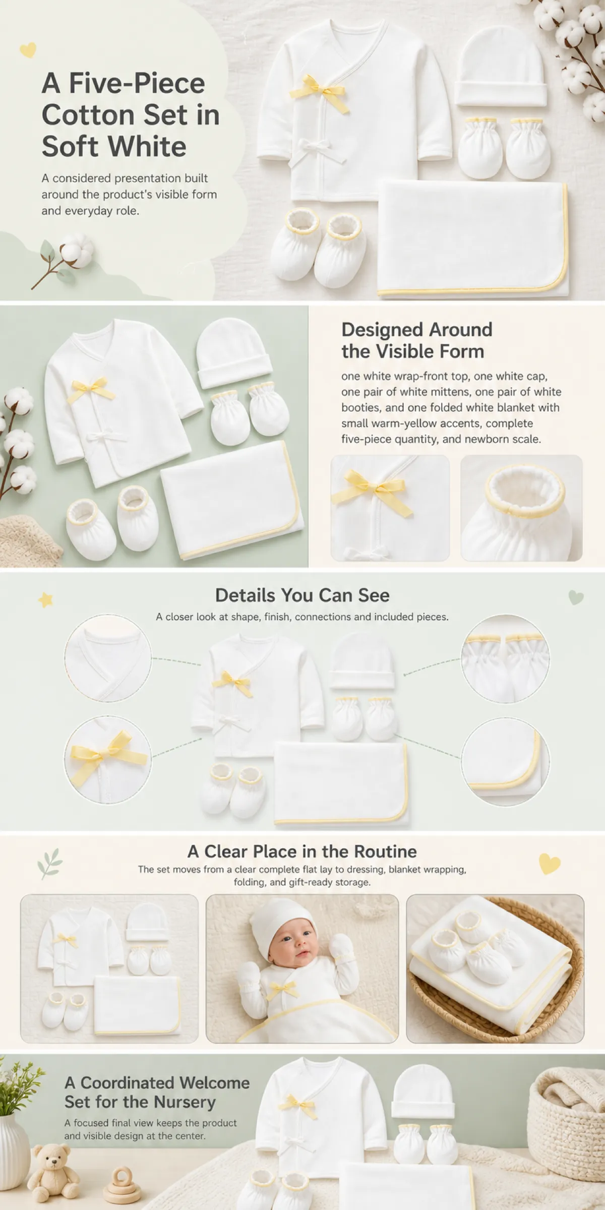 Five-Piece Cotton Set in Soft White for Newborns｜AI Image Generation Prompts