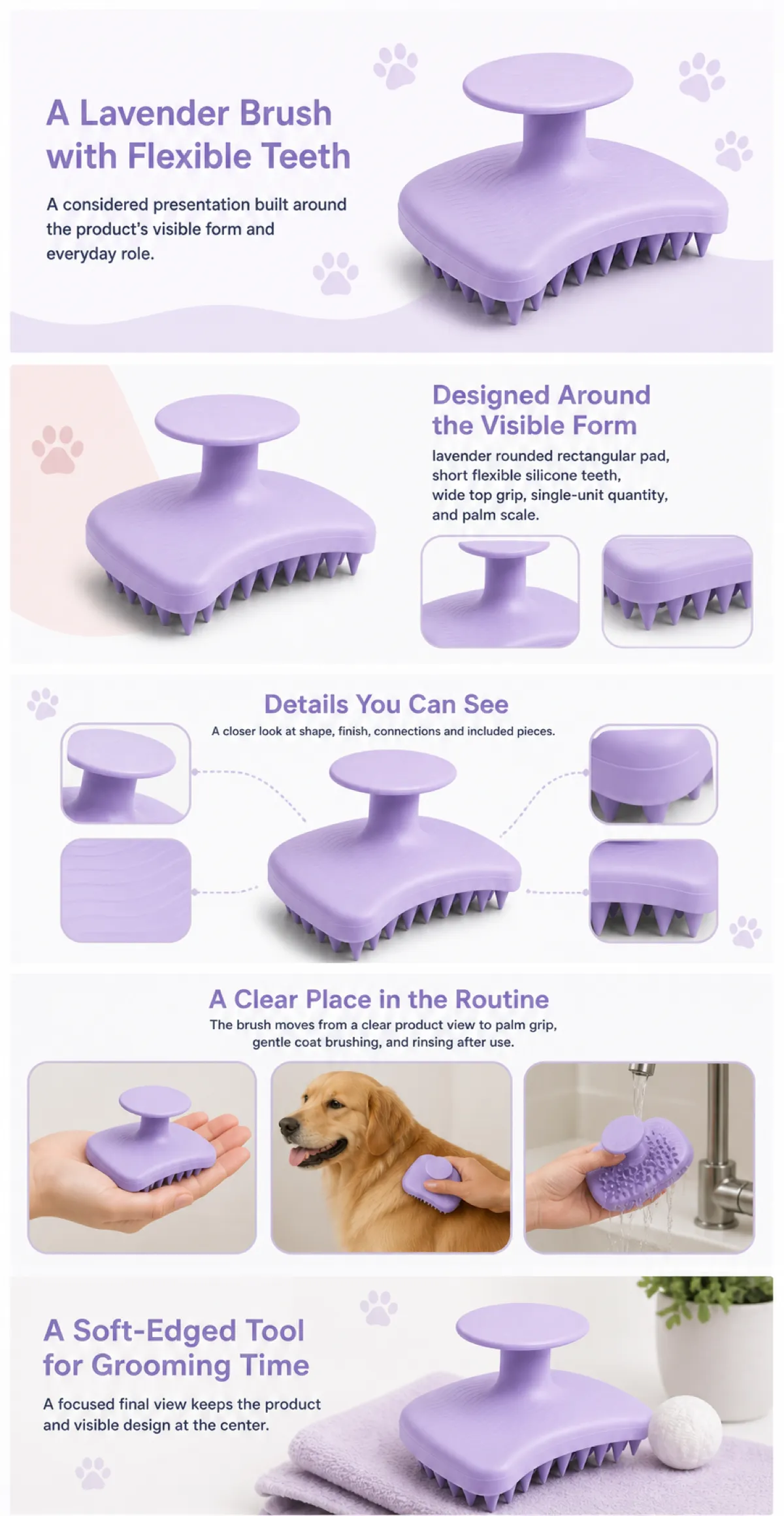 Lavender Pet Grooming Brush with Flexible Teeth｜AI Image Generation Prompts