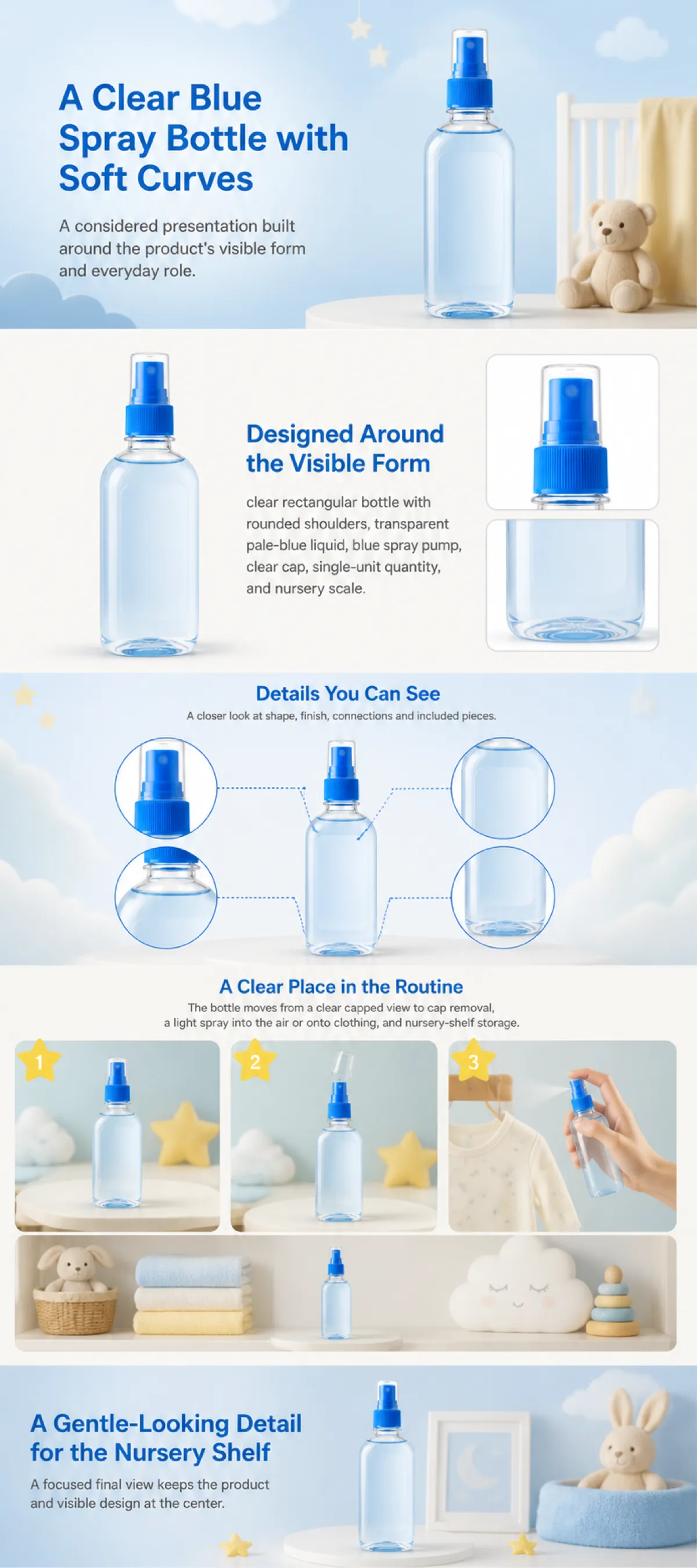 Clear Blue Spray Bottle with Soft Curves｜AI Image Generation Prompts