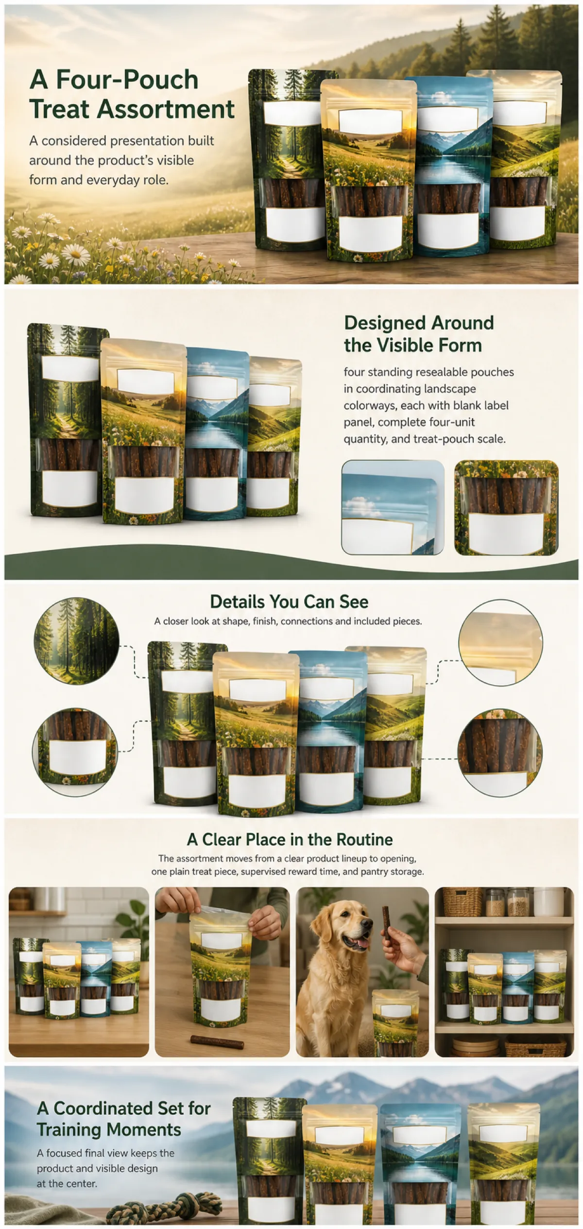 Four-Pouch Landscape Dog Treat Packaging Set｜AI Image Generation Prompts