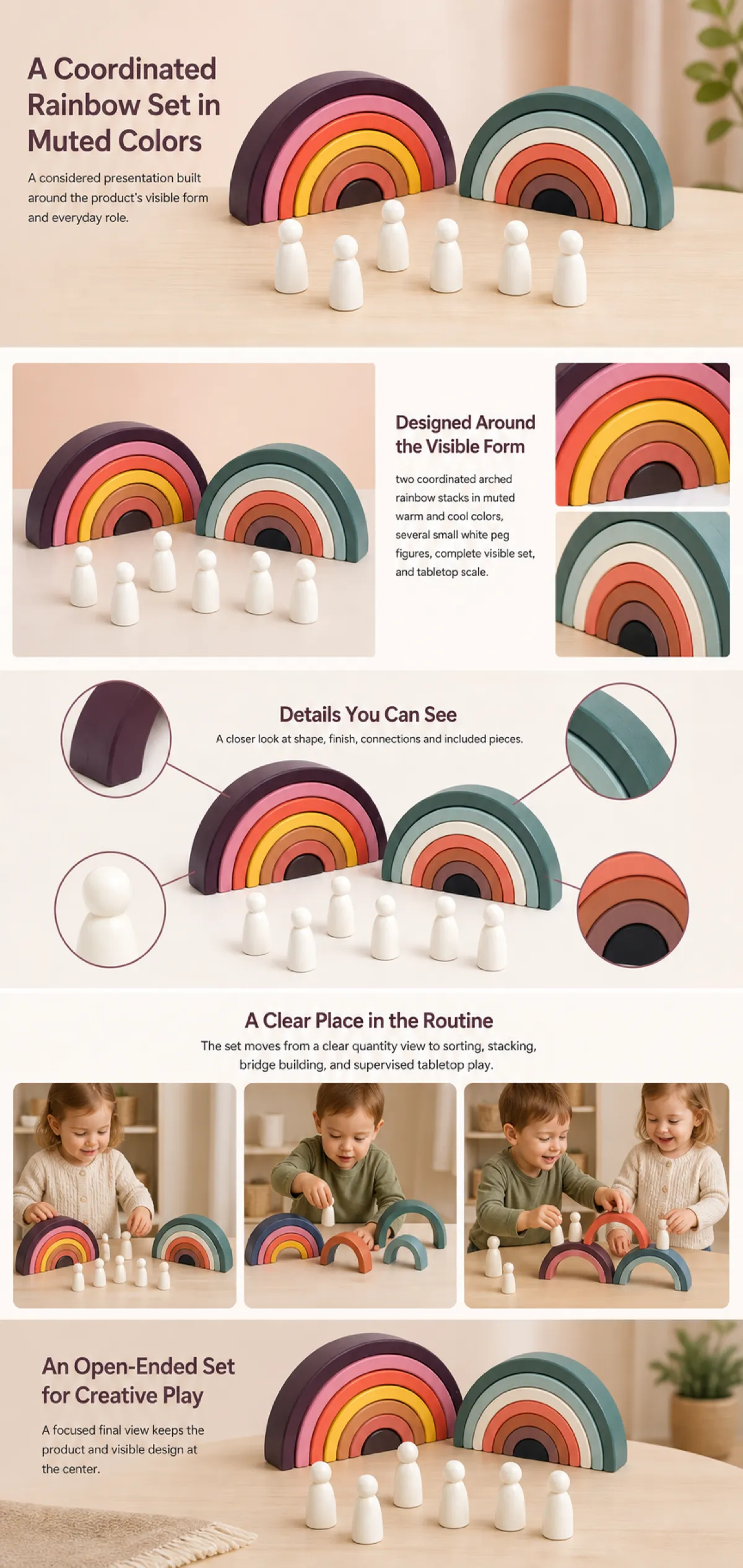 Muted Color Wooden Rainbow Stack Toy Set with Peg Figures｜AI Image Generation Prompts