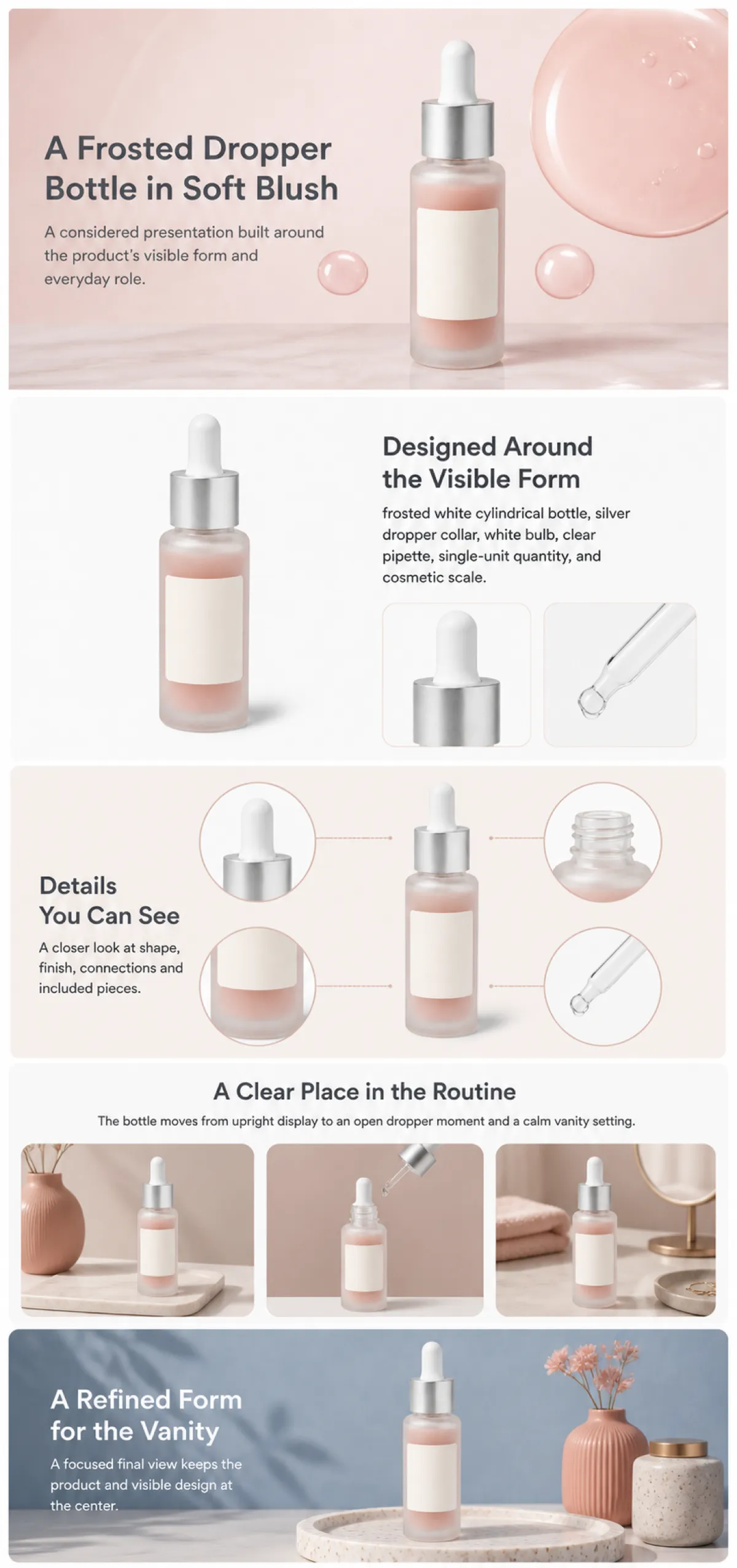 Frosted Dropper Bottle in Soft Blush Presentation｜AI Image Generation Prompts